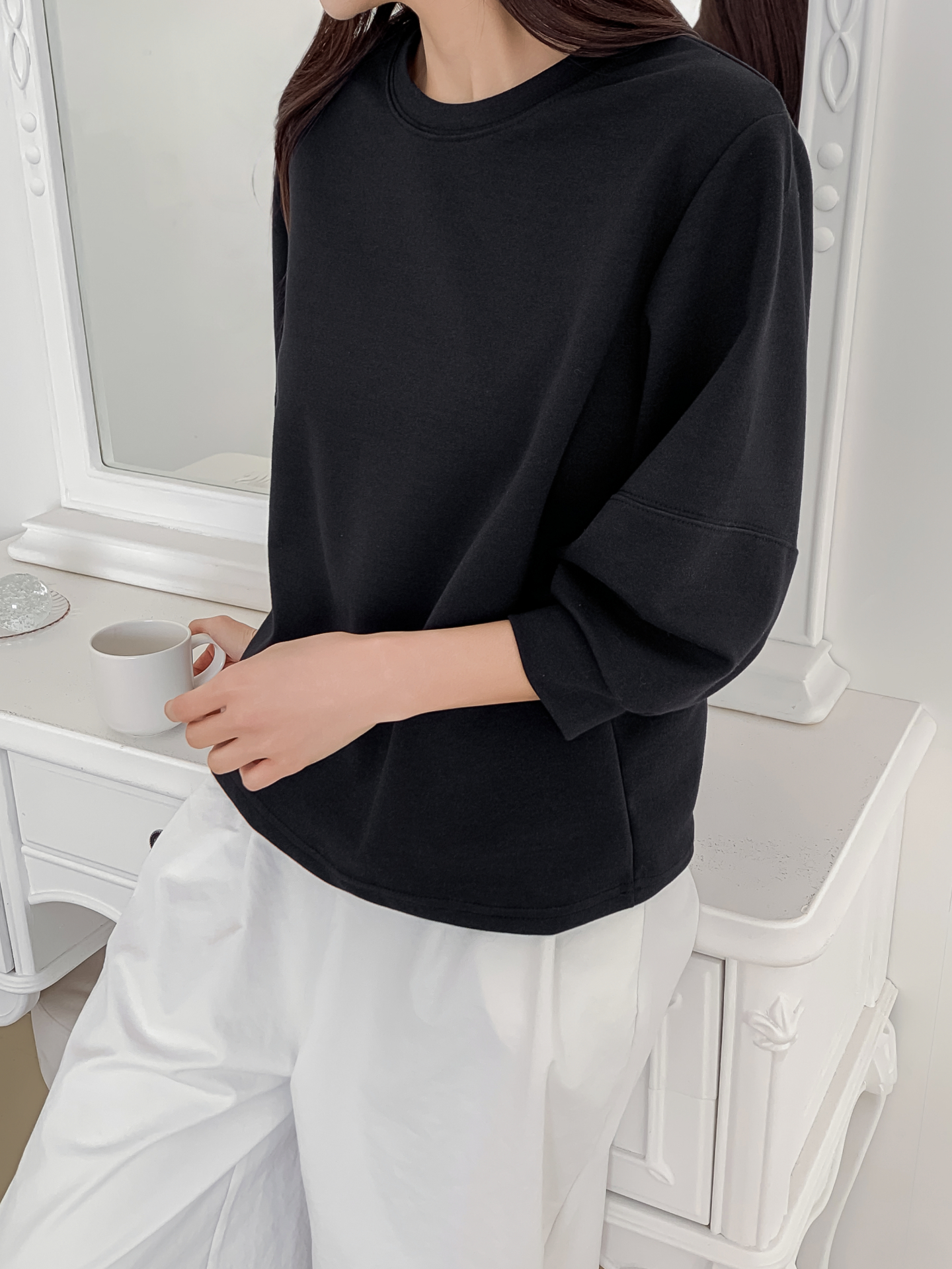 ラウンドネックパフスリーブルーズ7分袖無地スウェット | 詳細画像26