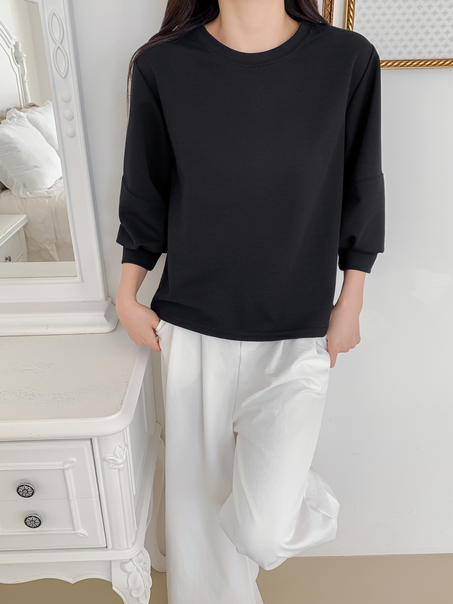 ラウンドネックパフスリーブルーズ7分袖無地スウェット | 詳細画像29