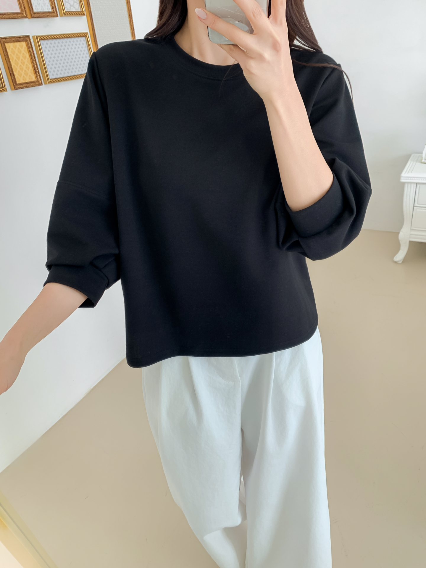 ラウンドネックパフスリーブルーズ7分袖無地スウェット | 詳細画像30