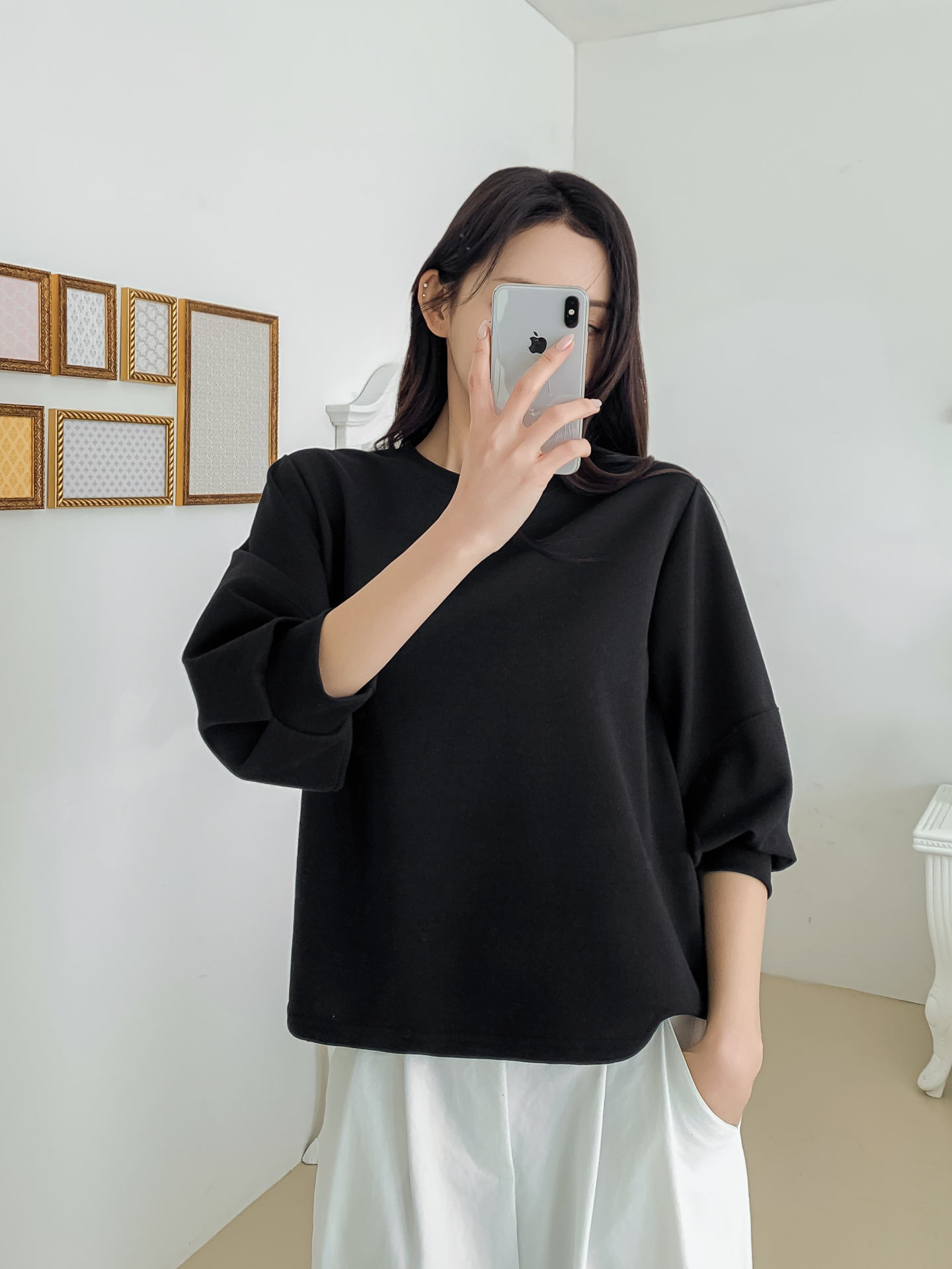 ラウンドネックパフスリーブルーズ7分袖無地スウェット | 詳細画像31