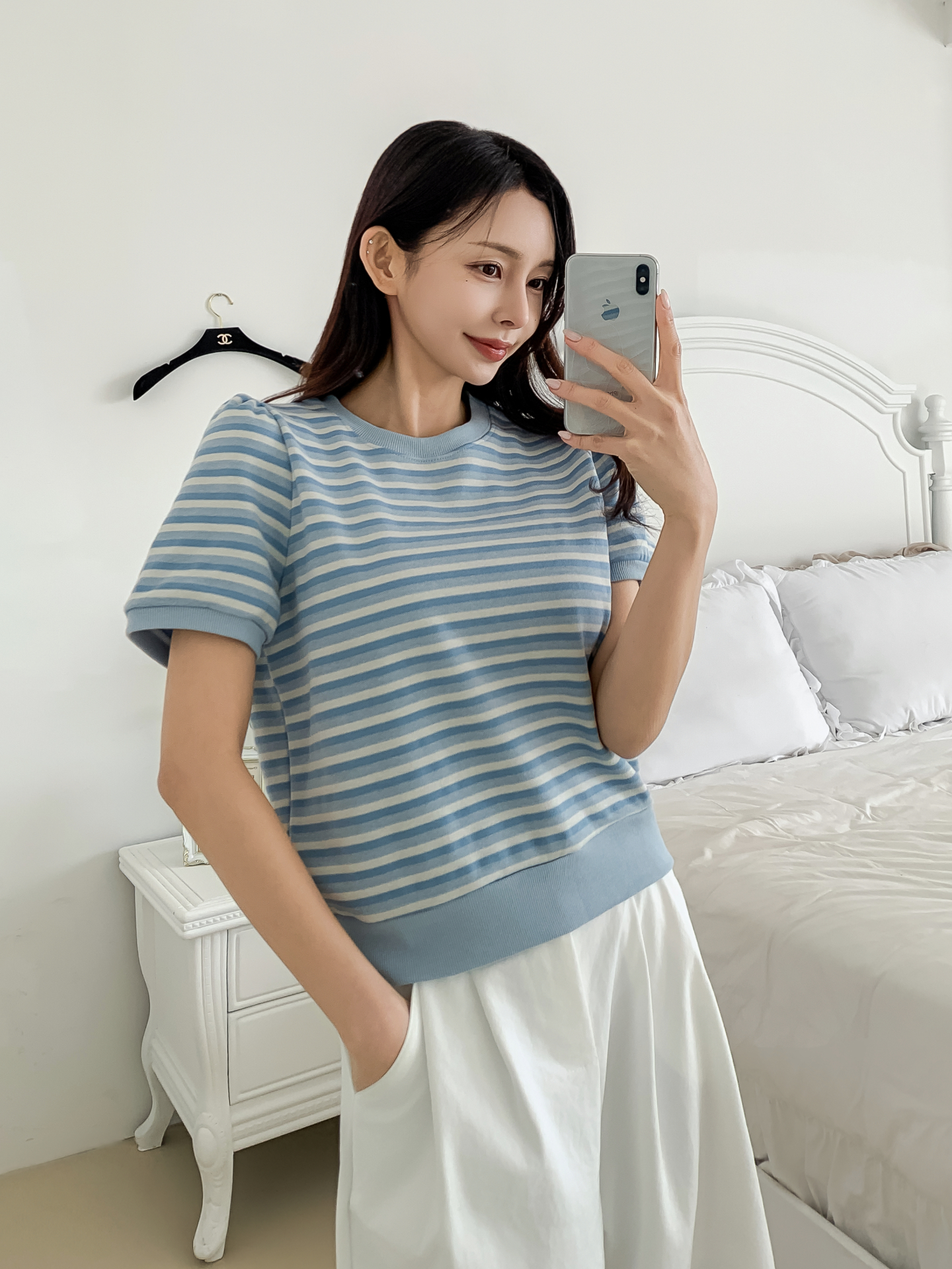 ラウンドネックパフスリーブルーズ半袖ボーダー配色スウェット | 詳細画像5