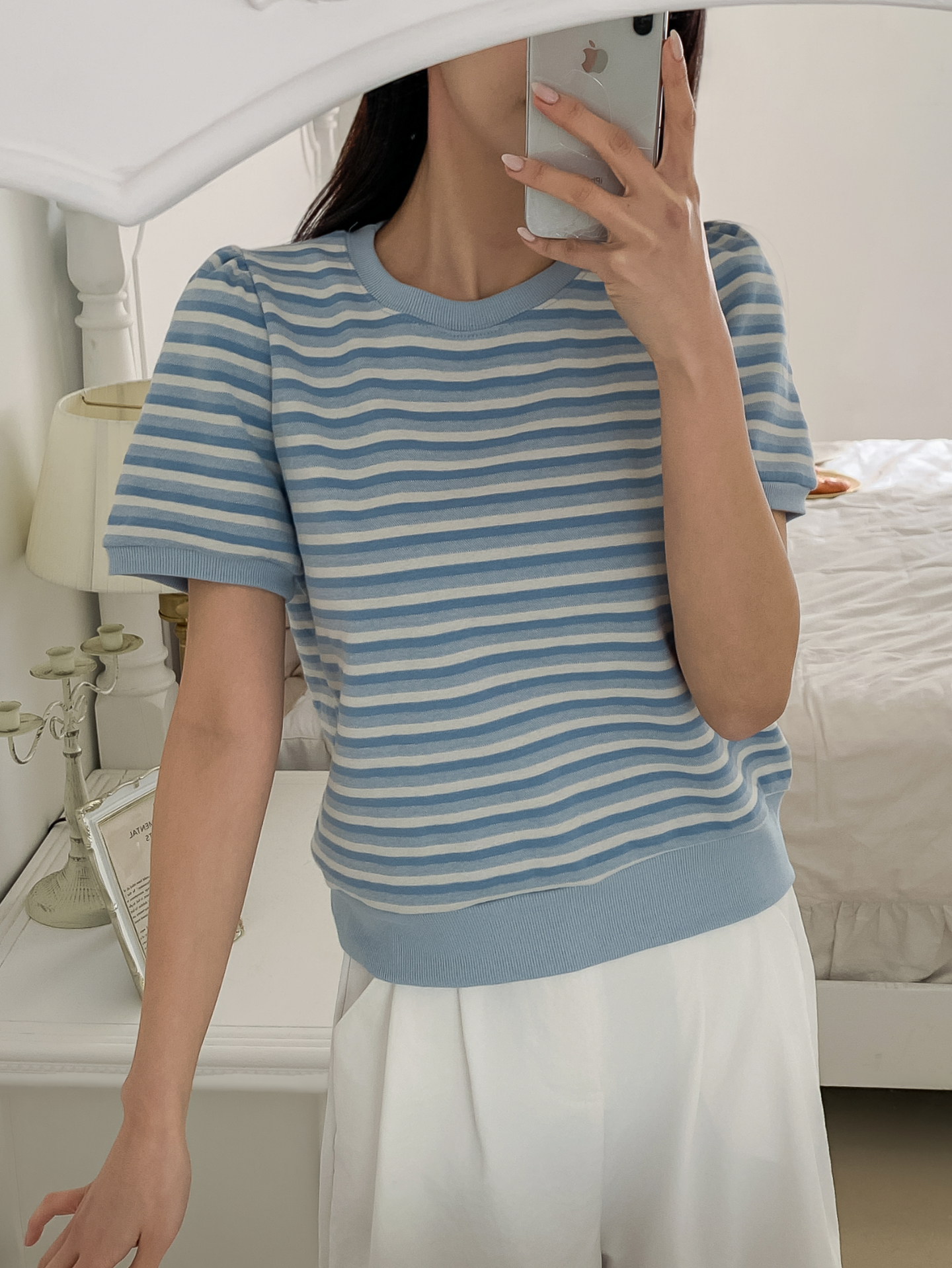 ラウンドネックパフスリーブルーズ半袖ボーダー配色スウェット | 詳細画像6