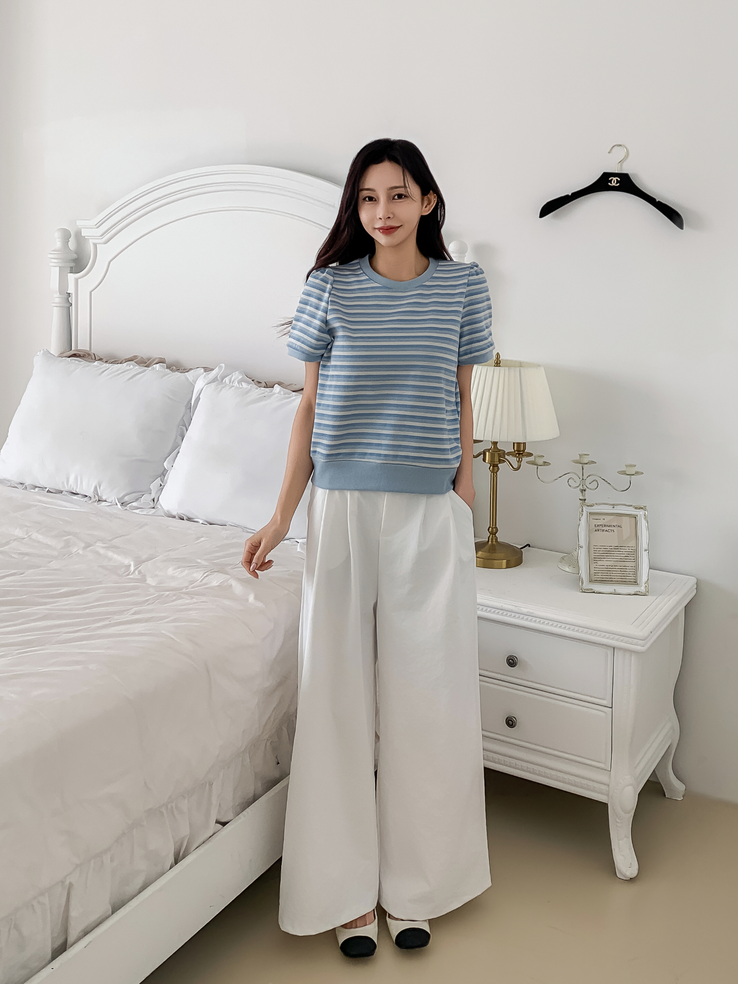 ラウンドネックパフスリーブルーズ半袖ボーダー配色スウェット | 詳細画像7