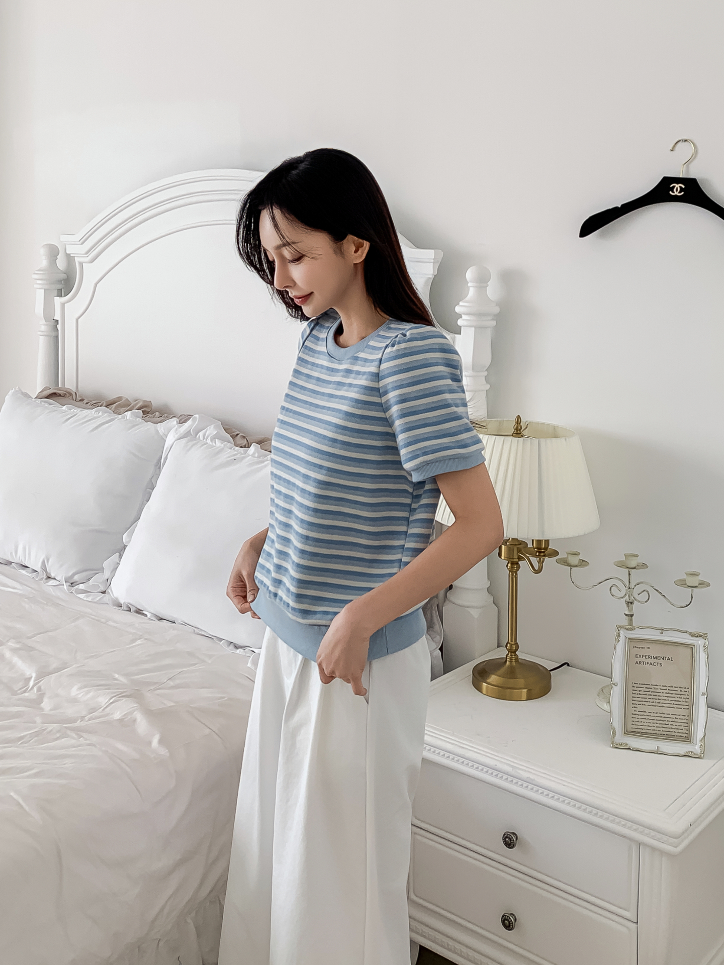 ラウンドネックパフスリーブルーズ半袖ボーダー配色スウェット | 詳細画像2