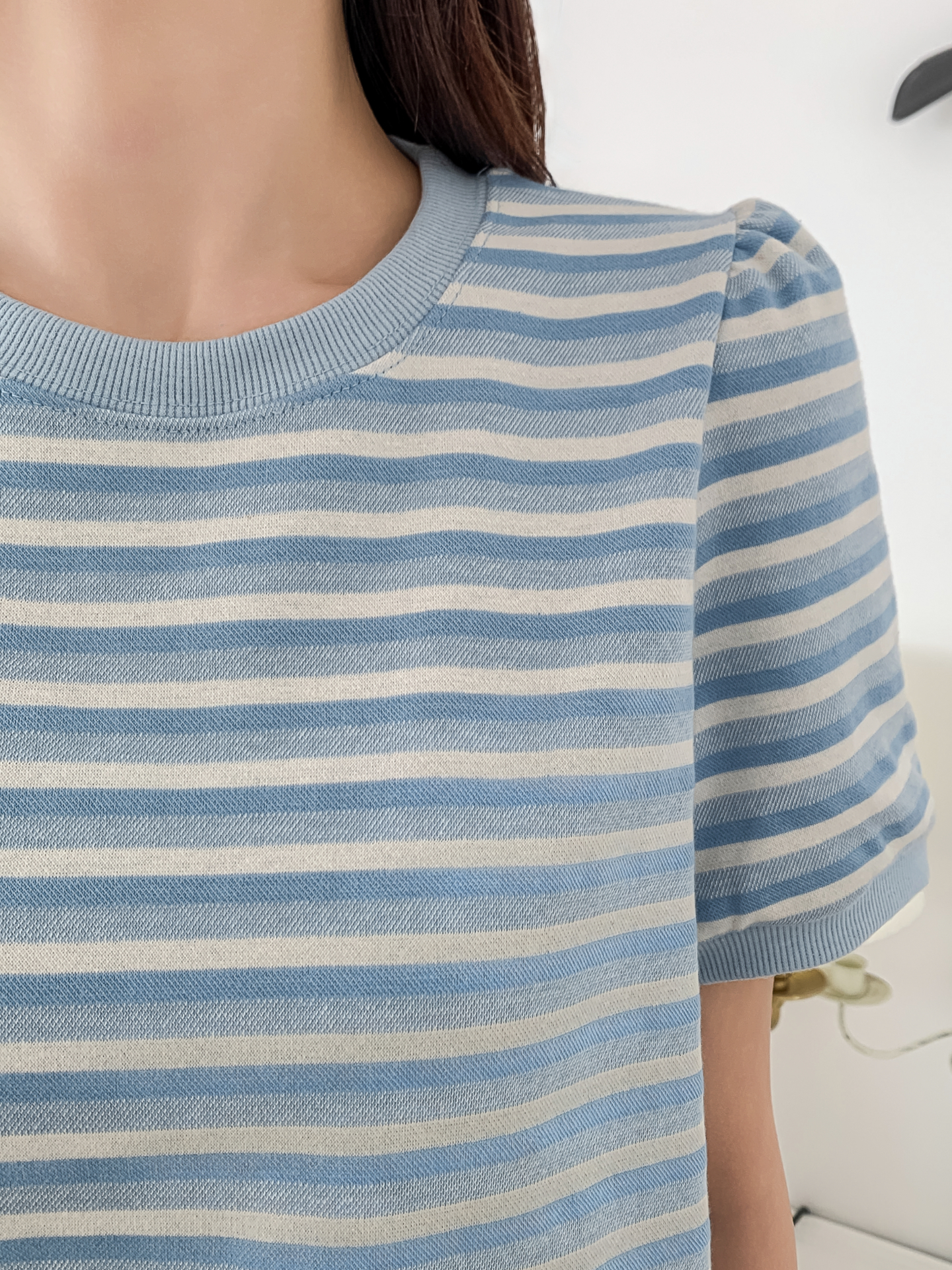 ラウンドネックパフスリーブルーズ半袖ボーダー配色スウェット | 詳細画像11