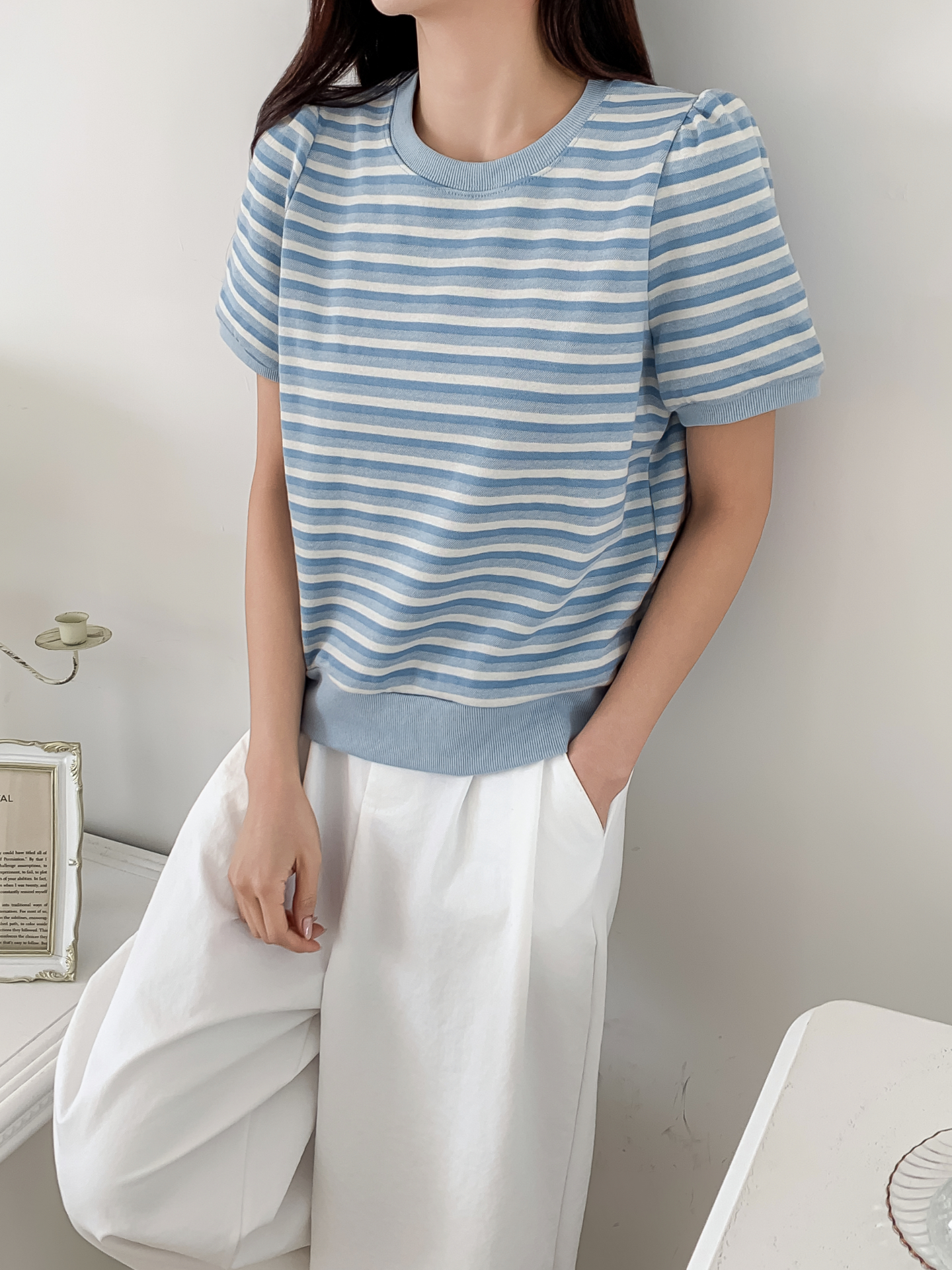 ラウンドネックパフスリーブルーズ半袖ボーダー配色スウェット | 詳細画像14