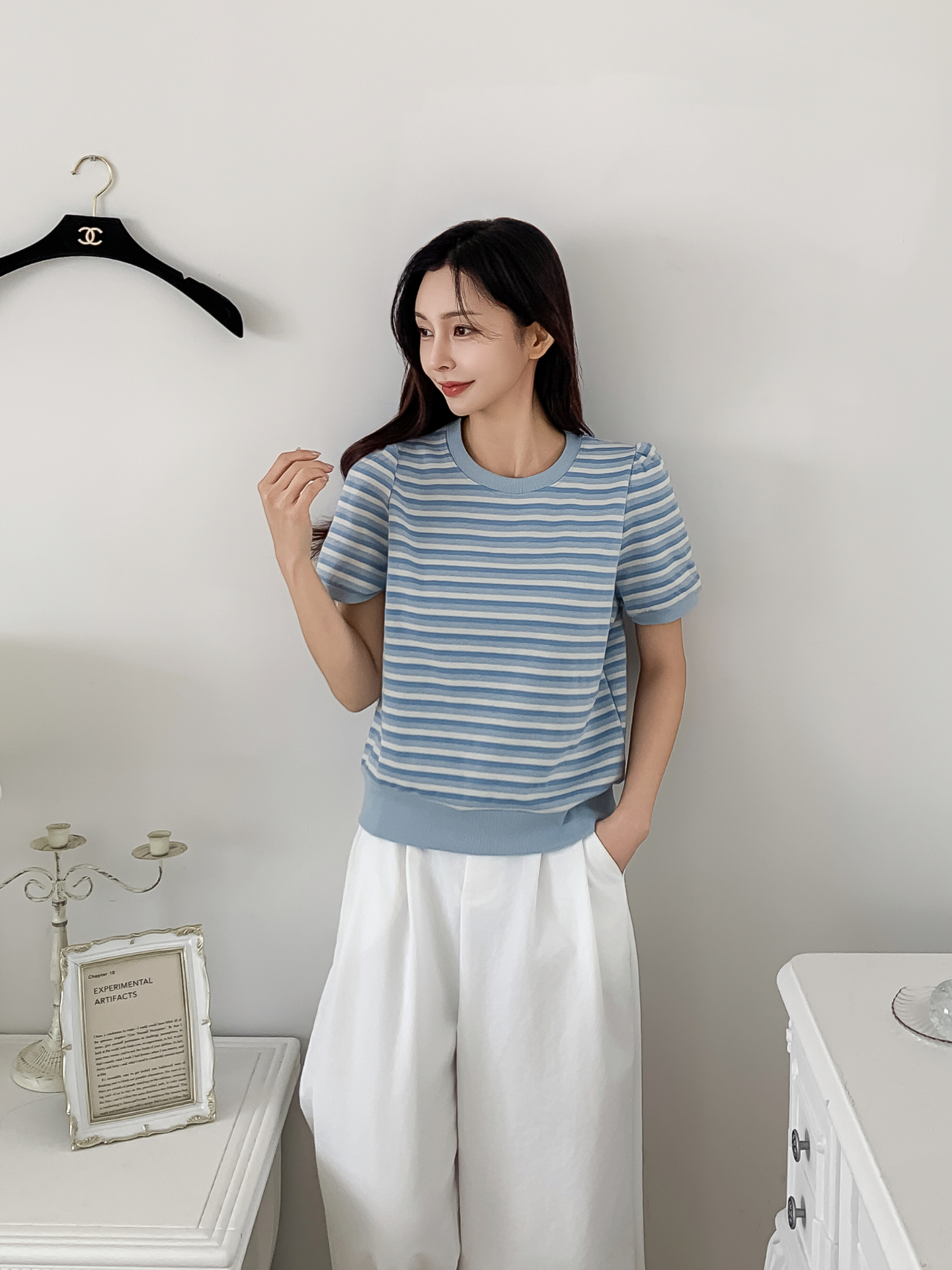 ラウンドネックパフスリーブルーズ半袖ボーダー配色スウェット | 詳細画像13