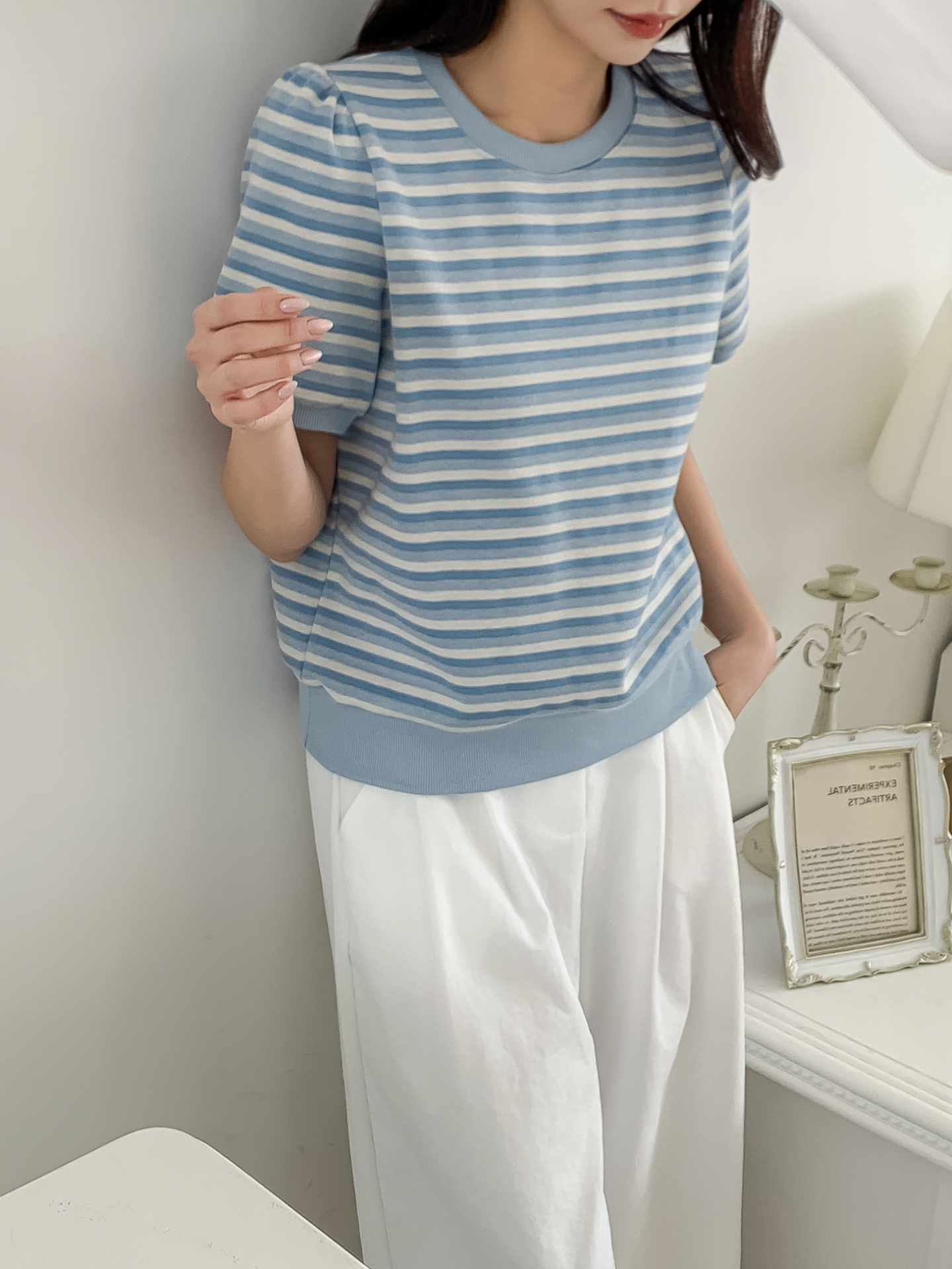 ラウンドネックパフスリーブルーズ半袖ボーダー配色スウェット | 詳細画像4