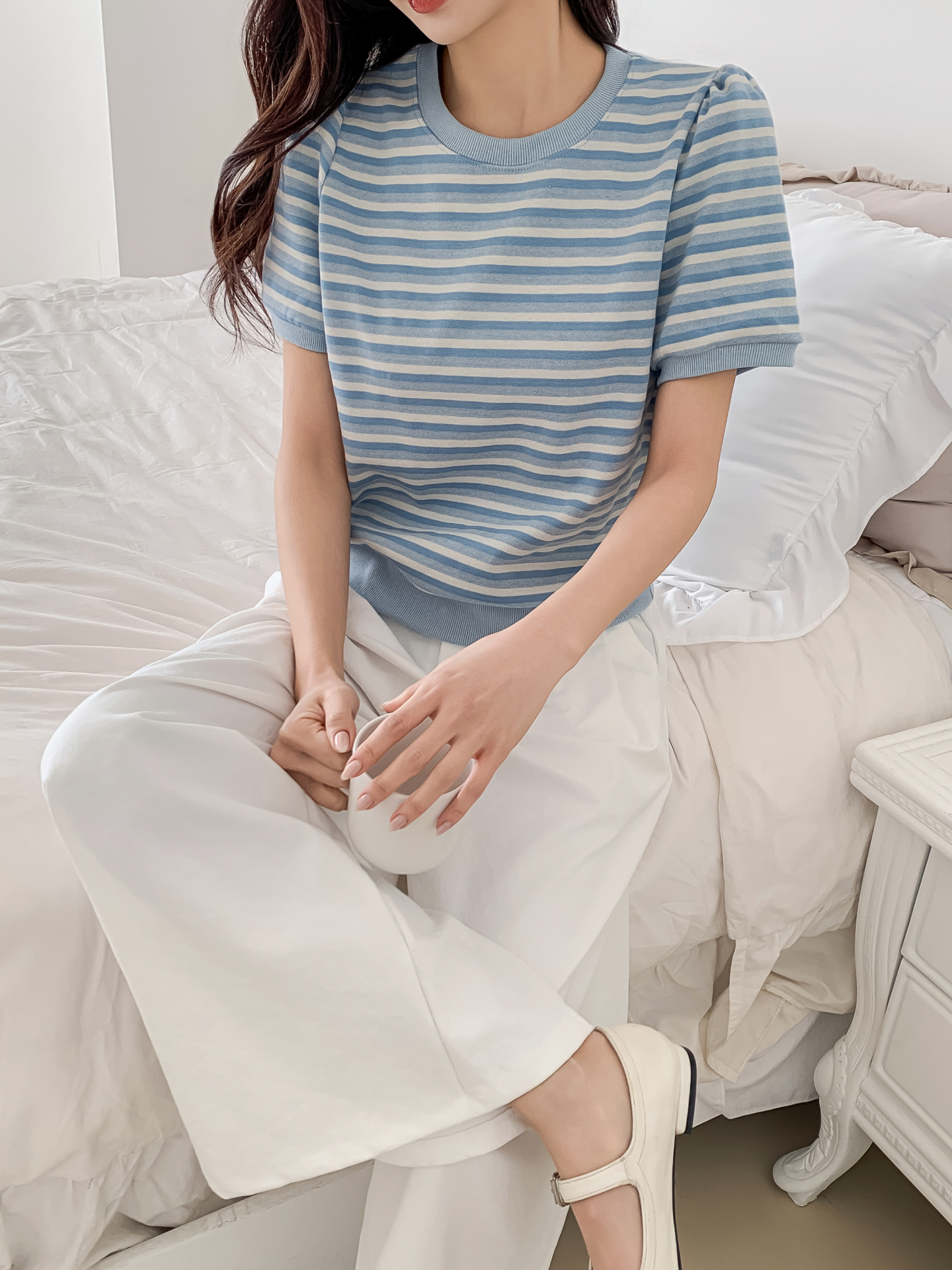 ラウンドネックパフスリーブルーズ半袖ボーダー配色スウェット | 詳細画像15