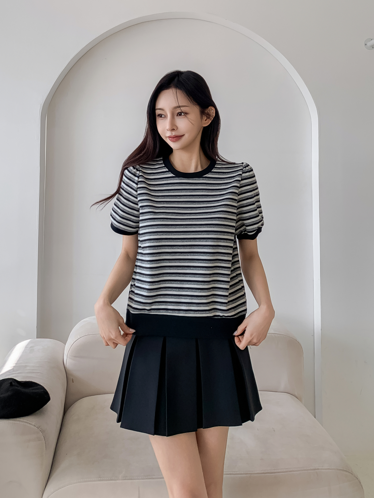 ラウンドネックパフスリーブルーズ半袖ボーダー配色スウェット | 詳細画像19