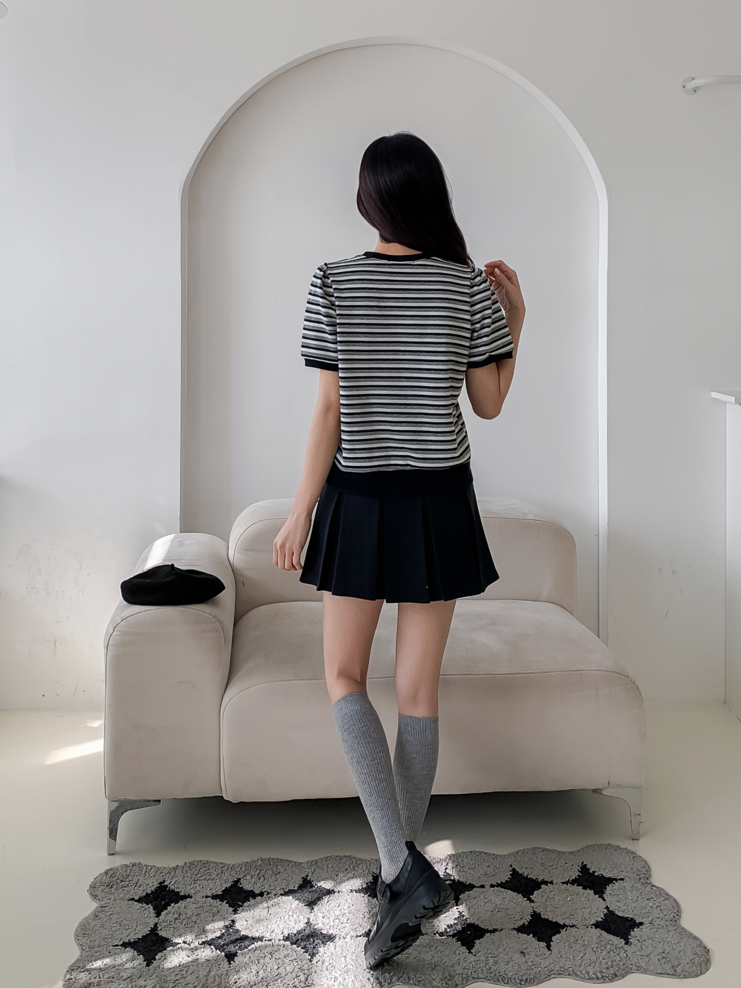 ラウンドネックパフスリーブルーズ半袖ボーダー配色スウェット | 詳細画像21