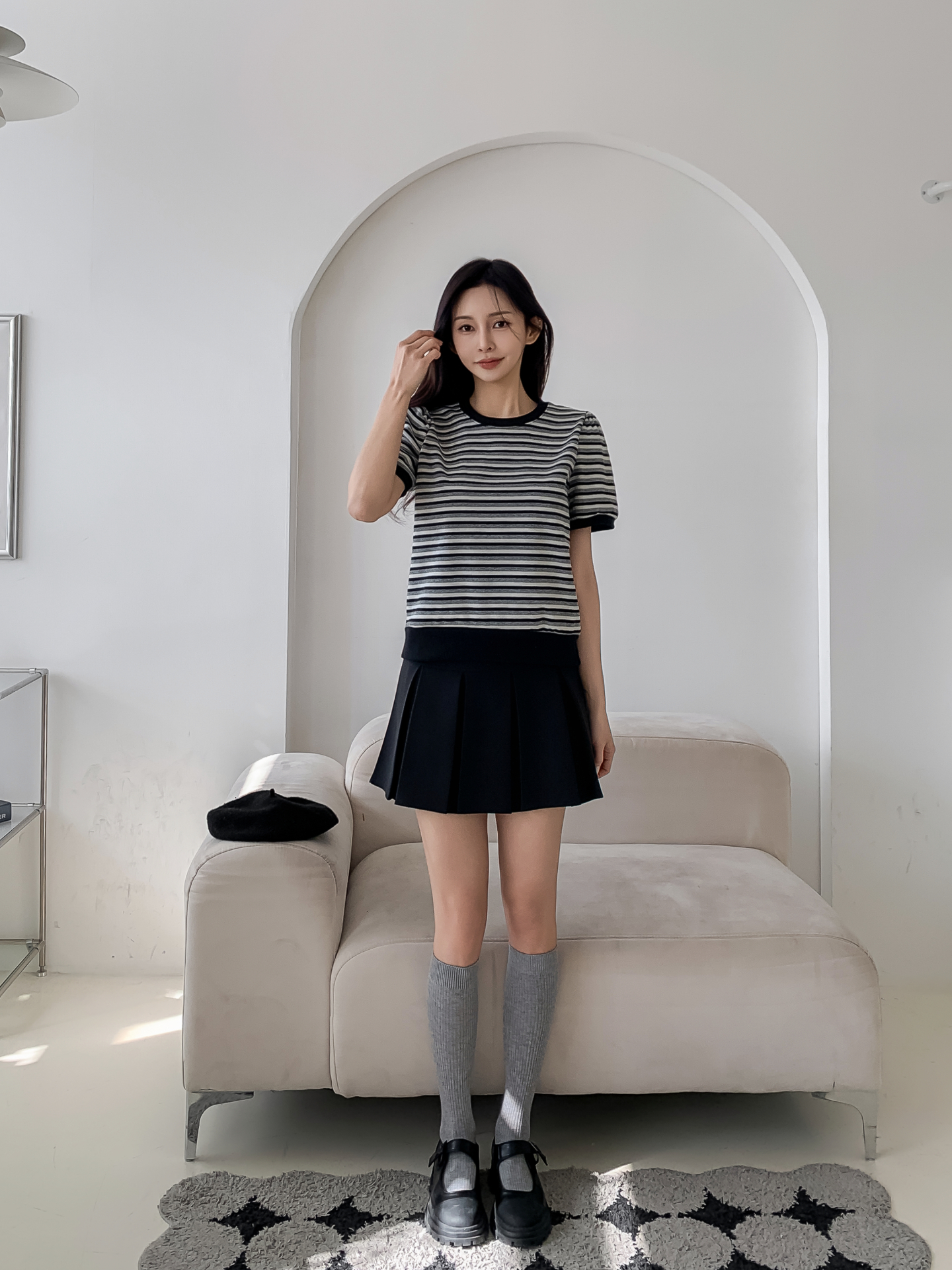 ラウンドネックパフスリーブルーズ半袖ボーダー配色スウェット | 詳細画像18