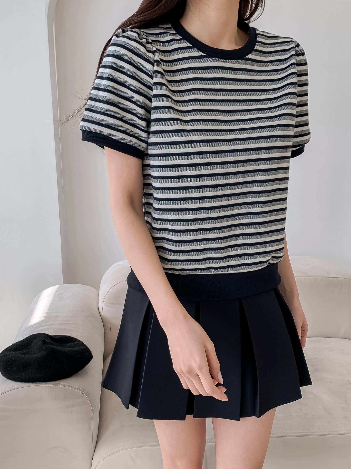 ラウンドネックパフスリーブルーズ半袖ボーダー配色スウェット | 詳細画像23