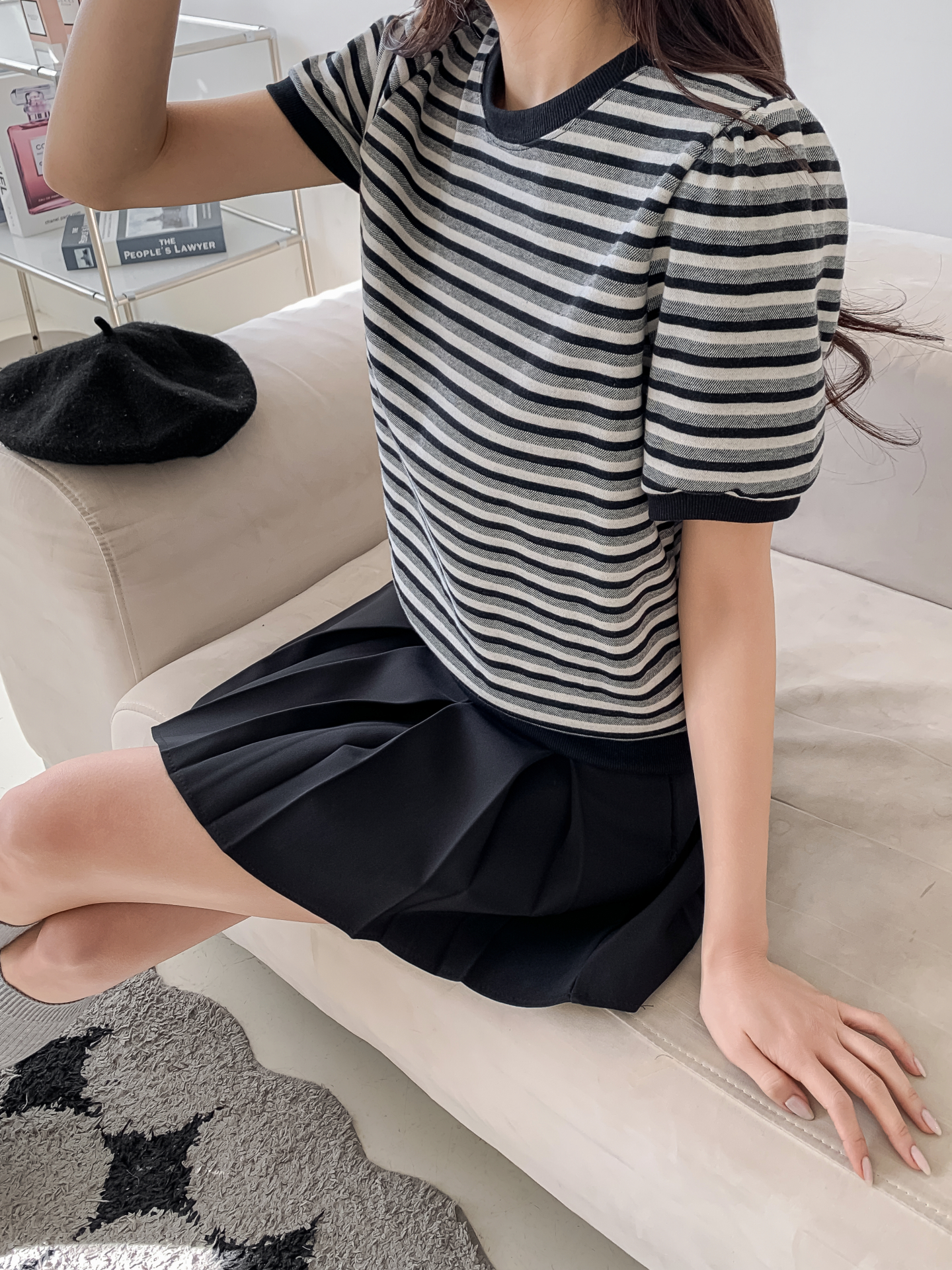 ラウンドネックパフスリーブルーズ半袖ボーダー配色スウェット | 詳細画像25