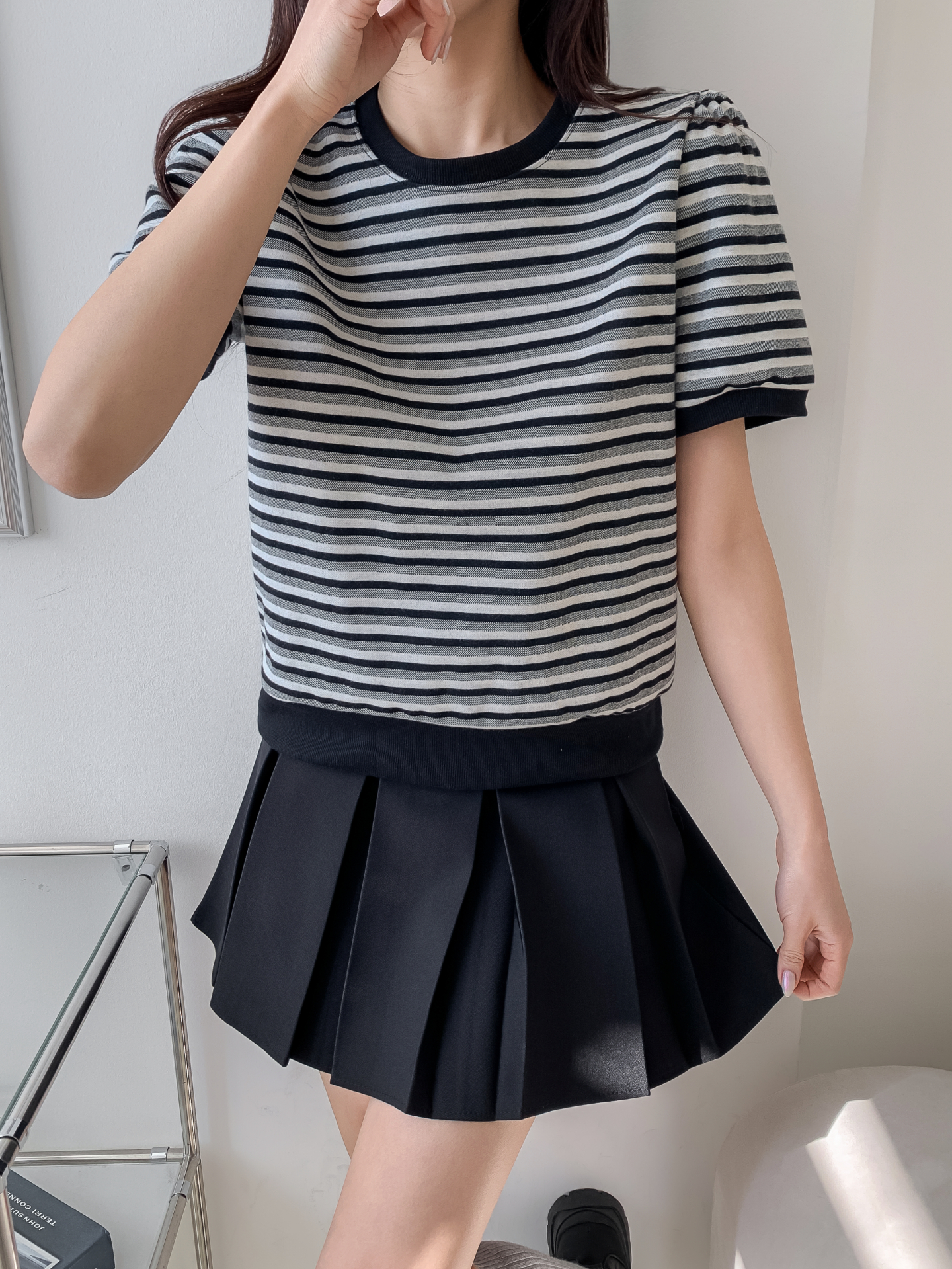 ラウンドネックパフスリーブルーズ半袖ボーダー配色スウェット | 詳細画像26