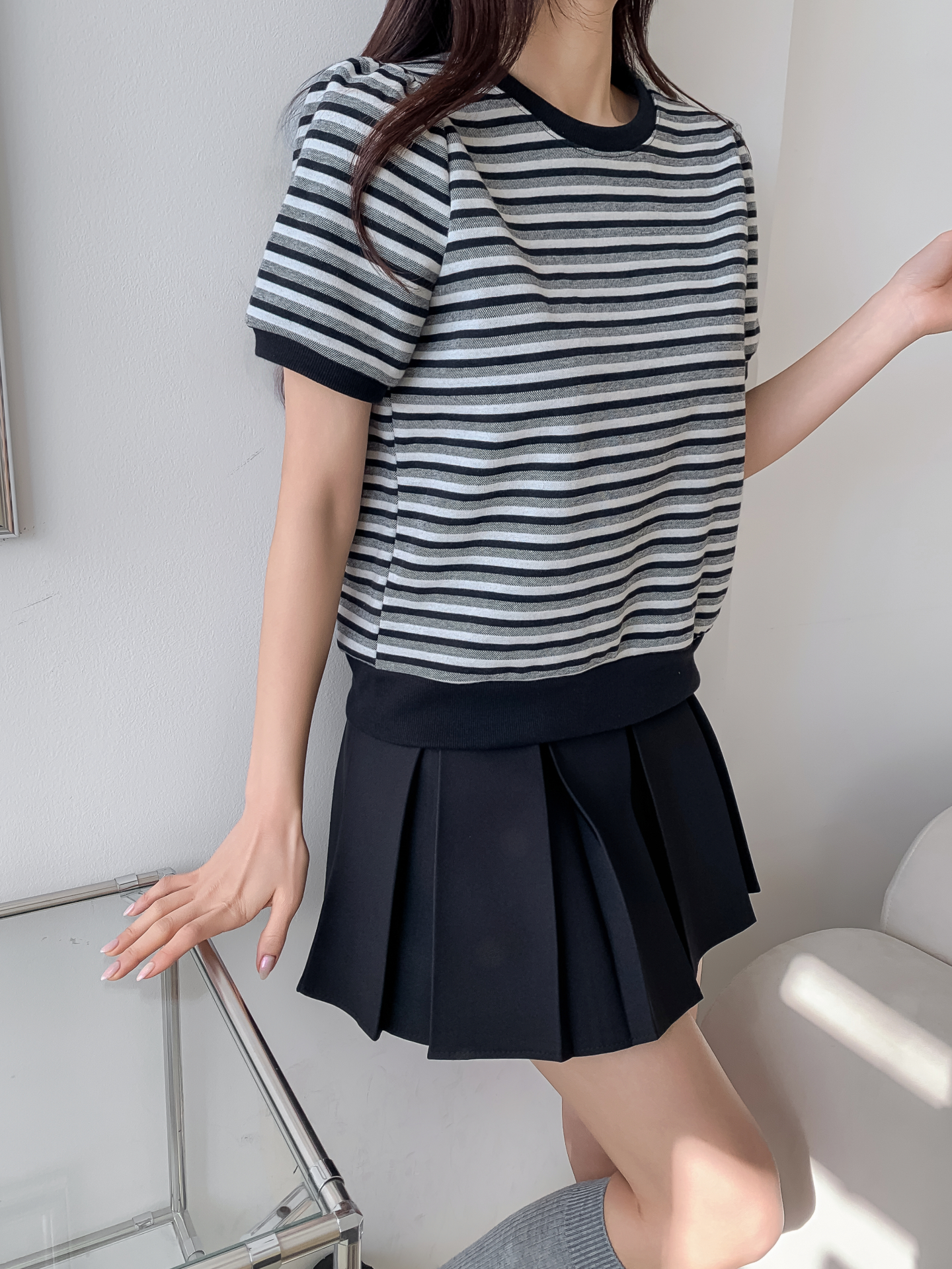 ラウンドネックパフスリーブルーズ半袖ボーダー配色スウェット | 詳細画像27