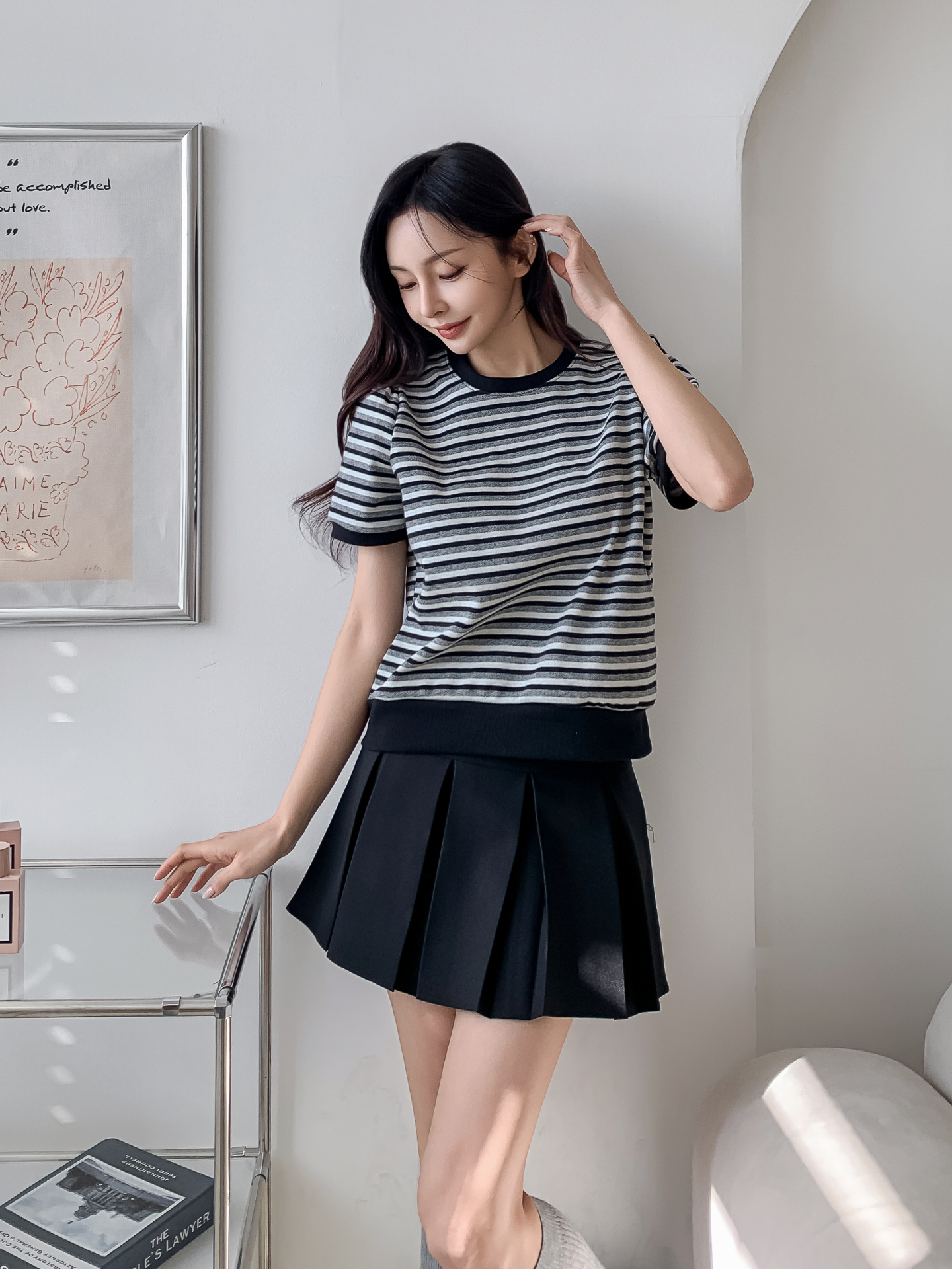 ラウンドネックパフスリーブルーズ半袖ボーダー配色スウェット | 詳細画像28