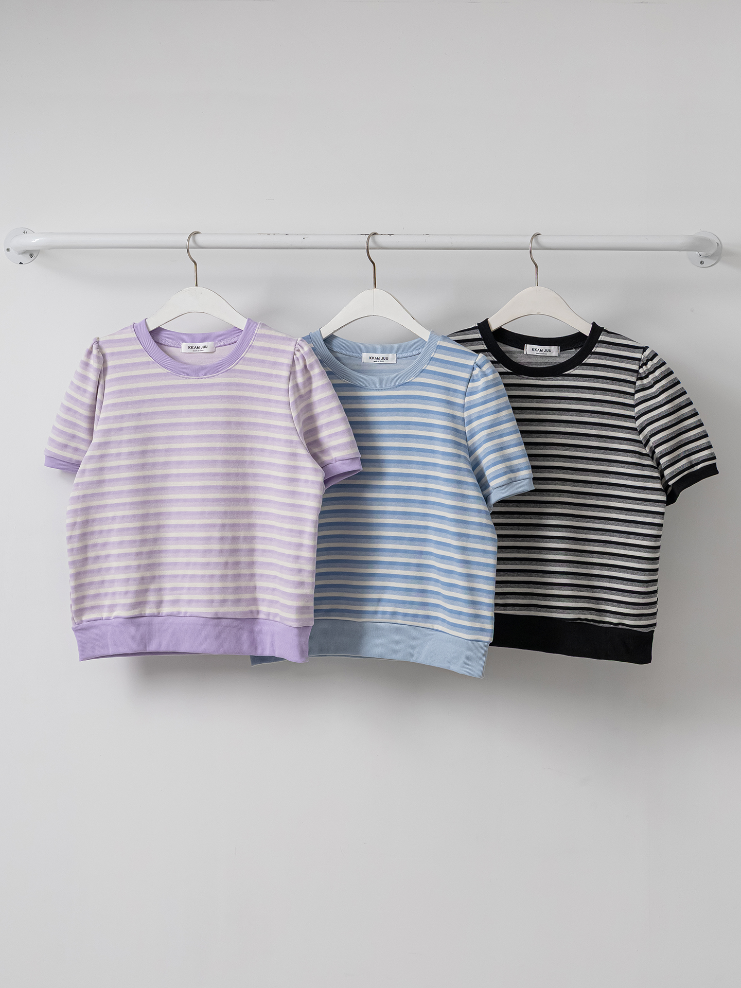 ラウンドネックパフスリーブルーズ半袖ボーダー配色スウェット | 詳細画像33