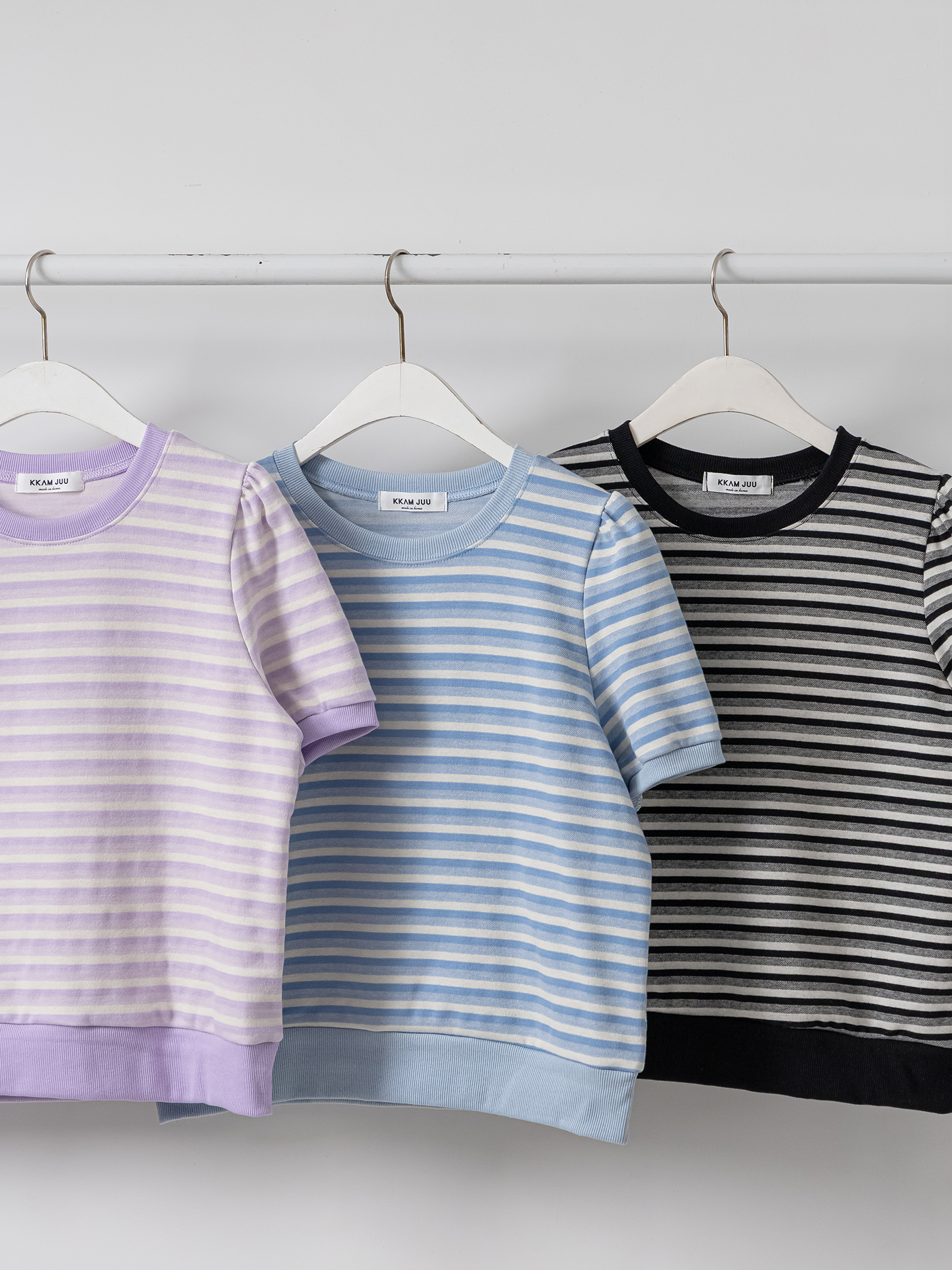 ラウンドネックパフスリーブルーズ半袖ボーダー配色スウェット | 詳細画像34