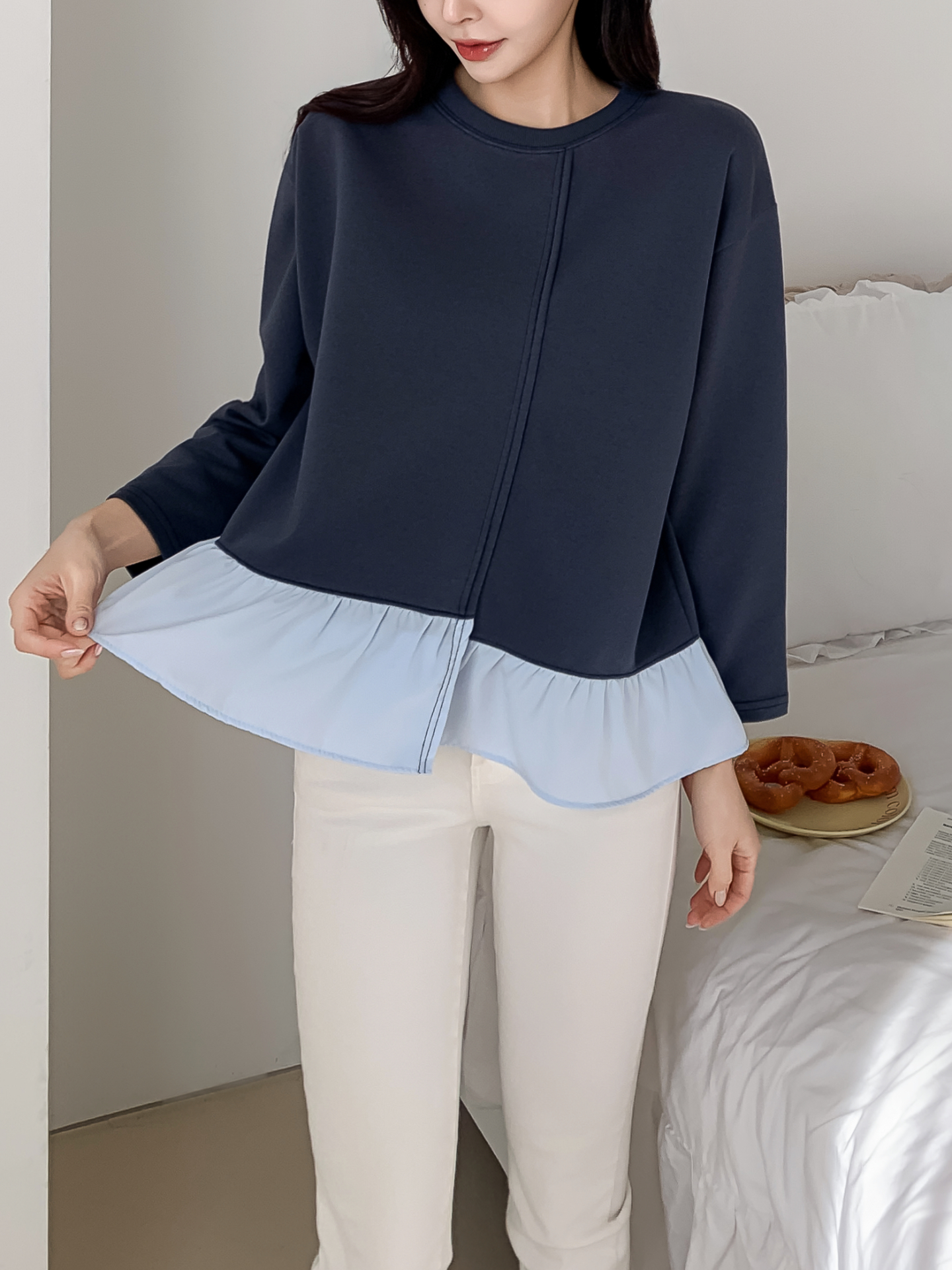 コンビラウンドネックラインレイヤード風ルーズアンバランス長袖ブラウス | 詳細画像2