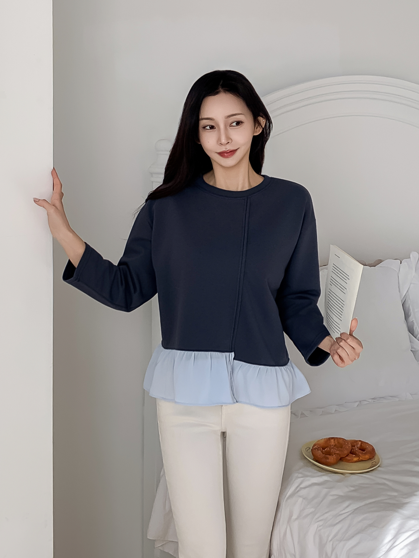 コンビラウンドネックラインレイヤード風ルーズアンバランス長袖ブラウス | 詳細画像5