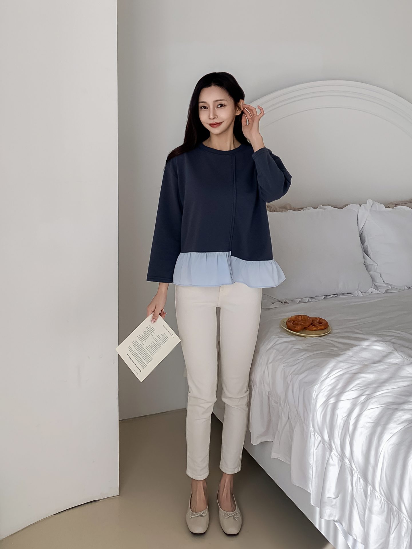 コンビラウンドネックラインレイヤード風ルーズアンバランス長袖ブラウス | 詳細画像6