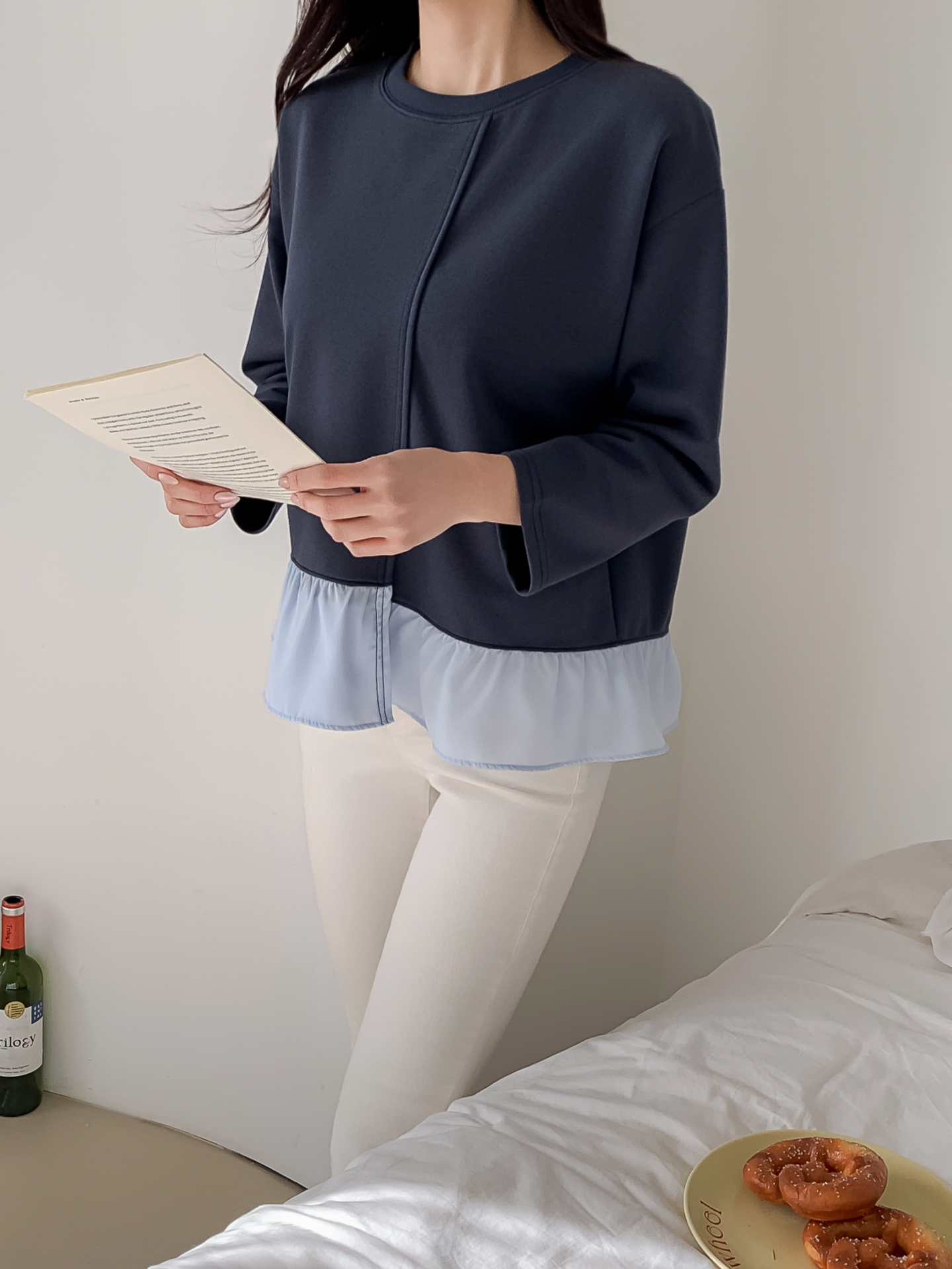 コンビラウンドネックラインレイヤード風ルーズアンバランス長袖ブラウス | 詳細画像7