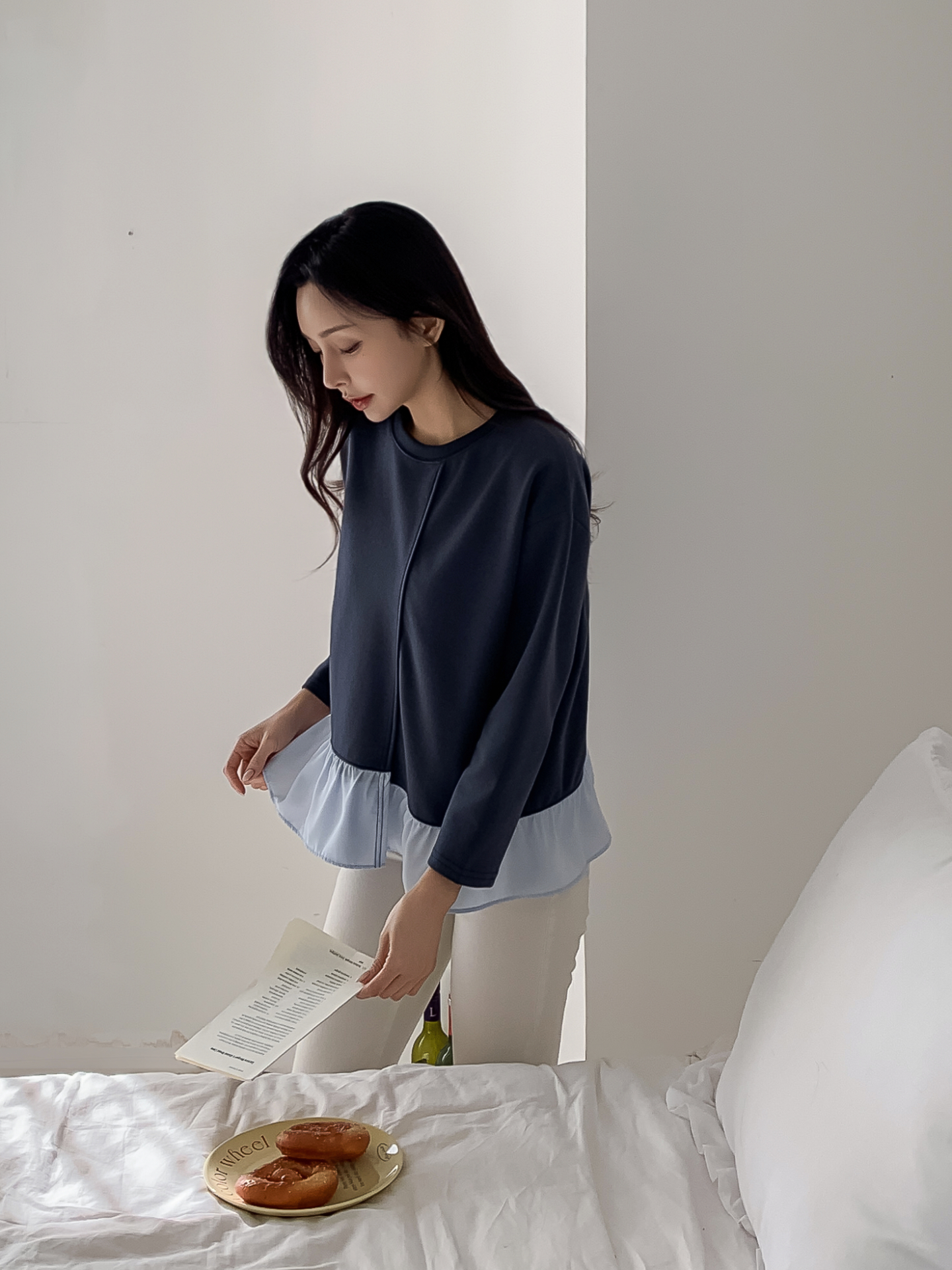 コンビラウンドネックラインレイヤード風ルーズアンバランス長袖ブラウス | 詳細画像8