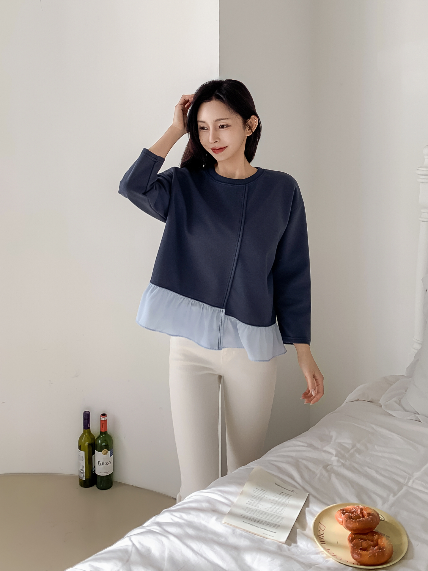 コンビラウンドネックラインレイヤード風ルーズアンバランス長袖ブラウス | 詳細画像11