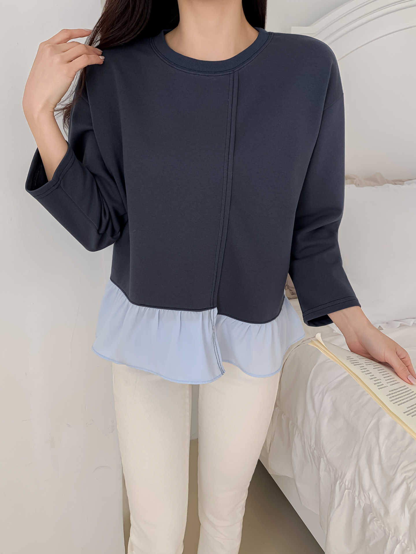 コンビラウンドネックラインレイヤード風ルーズアンバランス長袖ブラウス | 詳細画像12