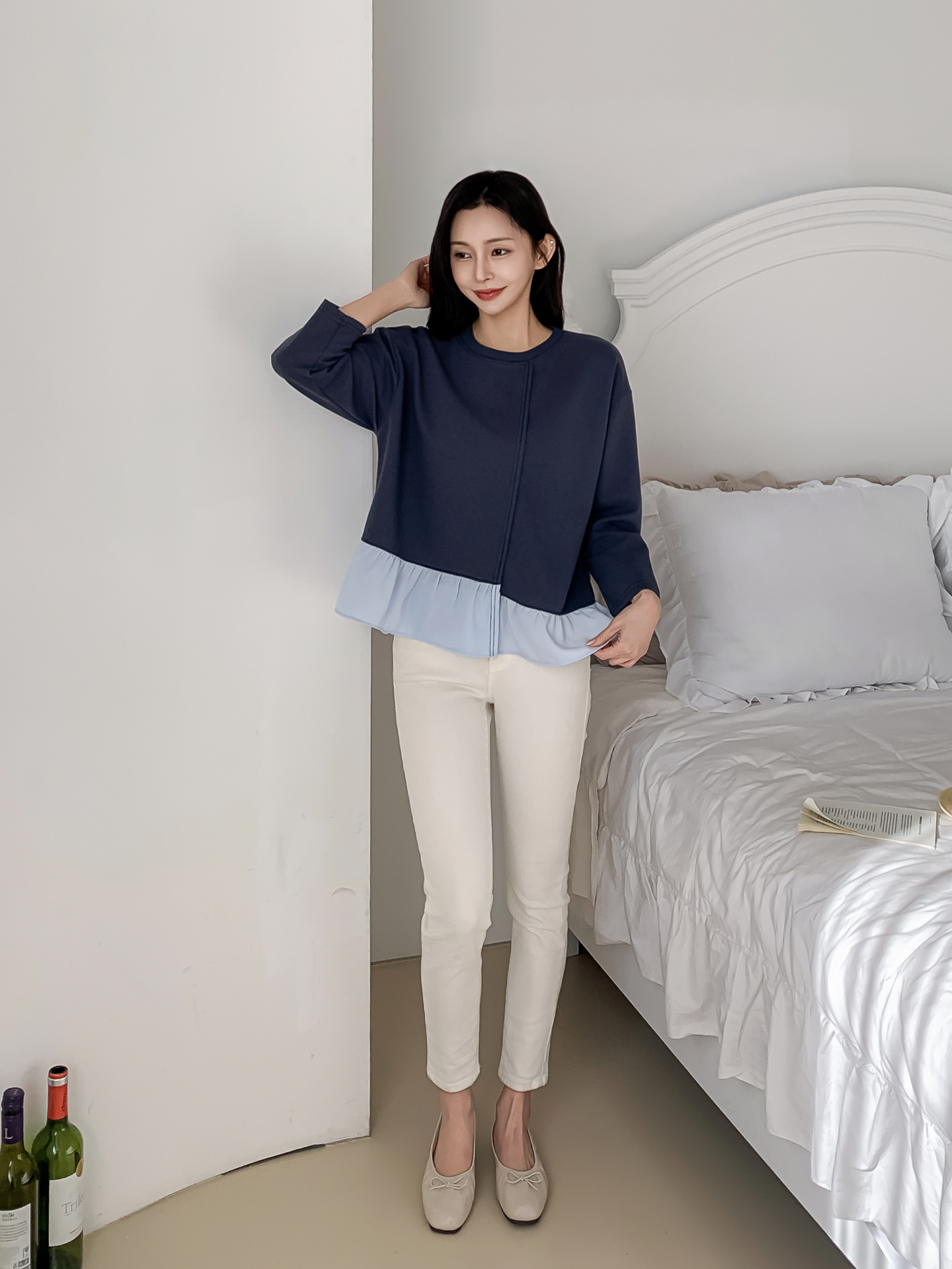 コンビラウンドネックラインレイヤード風ルーズアンバランス長袖ブラウス | 詳細画像13