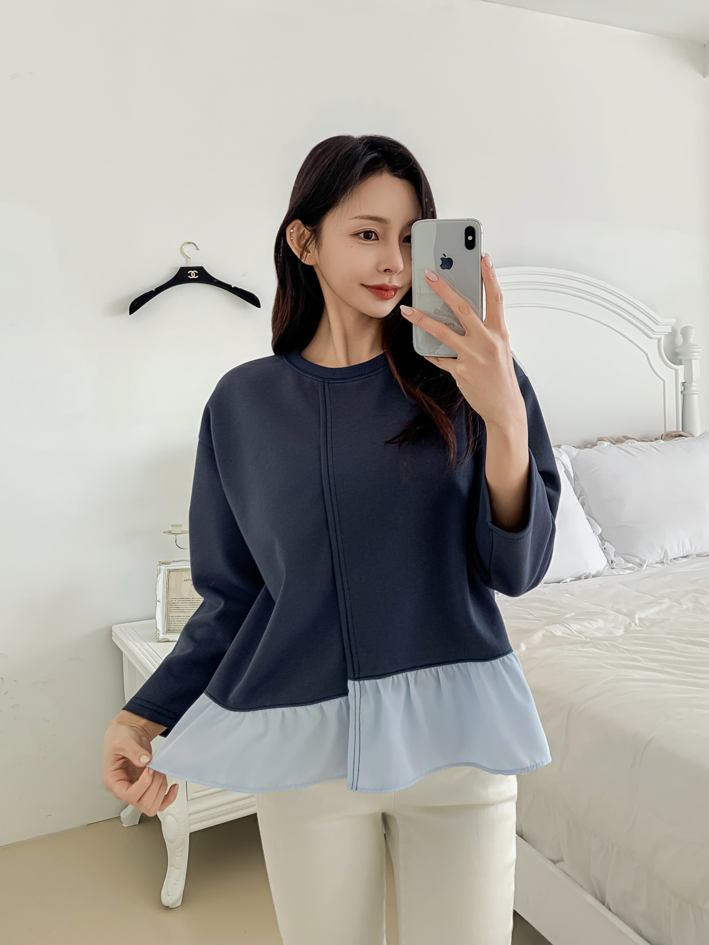 コンビラウンドネックラインレイヤード風ルーズアンバランス長袖ブラウス | 詳細画像14