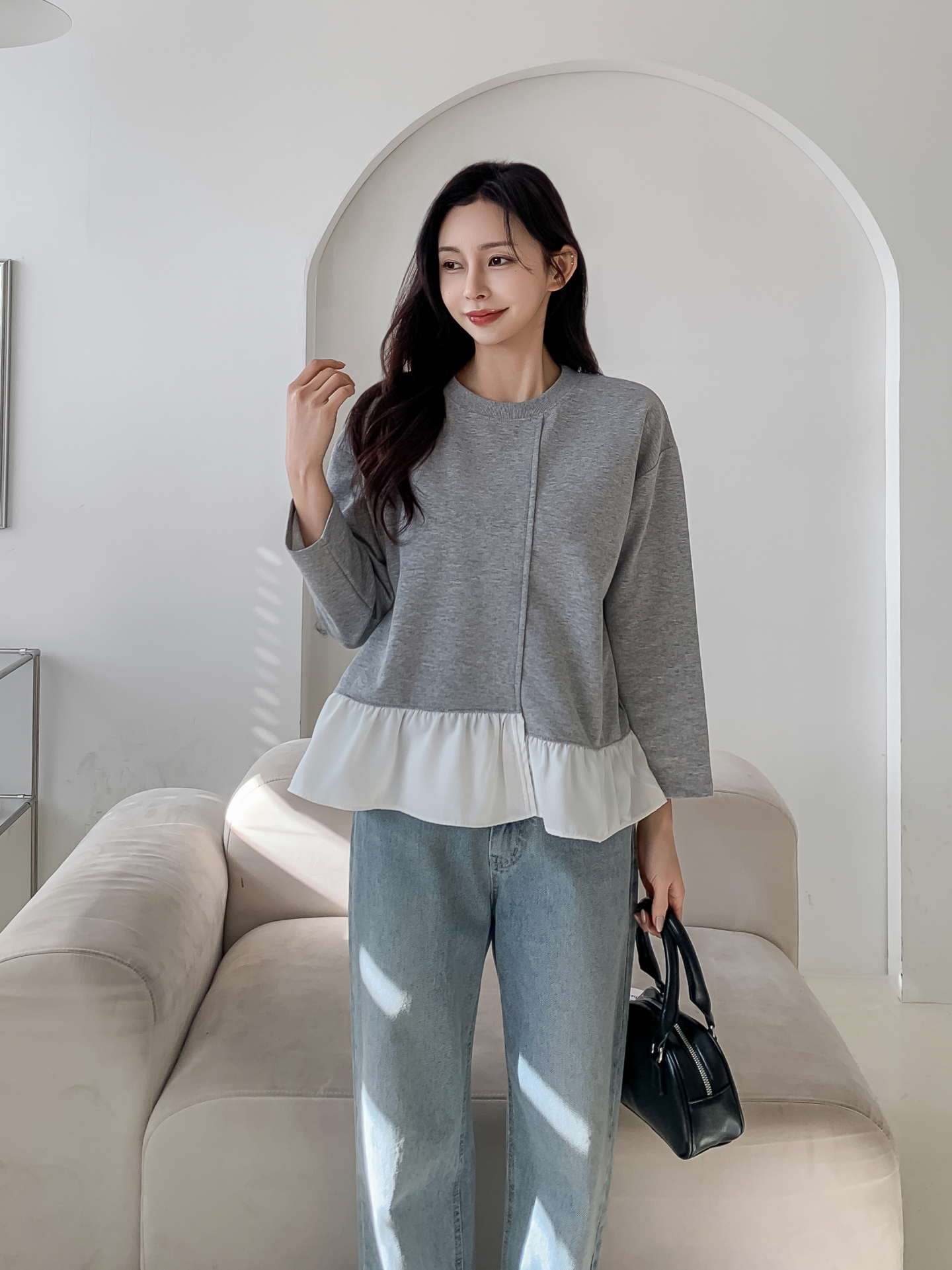 コンビラウンドネックラインレイヤード風ルーズアンバランス長袖ブラウス | 詳細画像15