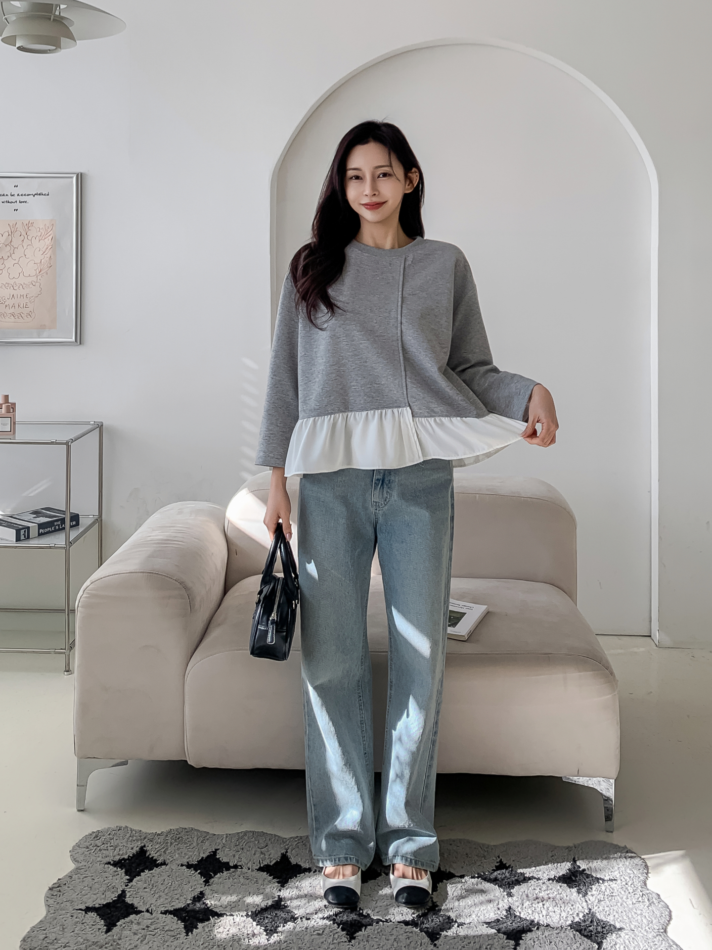 コンビラウンドネックラインレイヤード風ルーズアンバランス長袖ブラウス | 詳細画像16