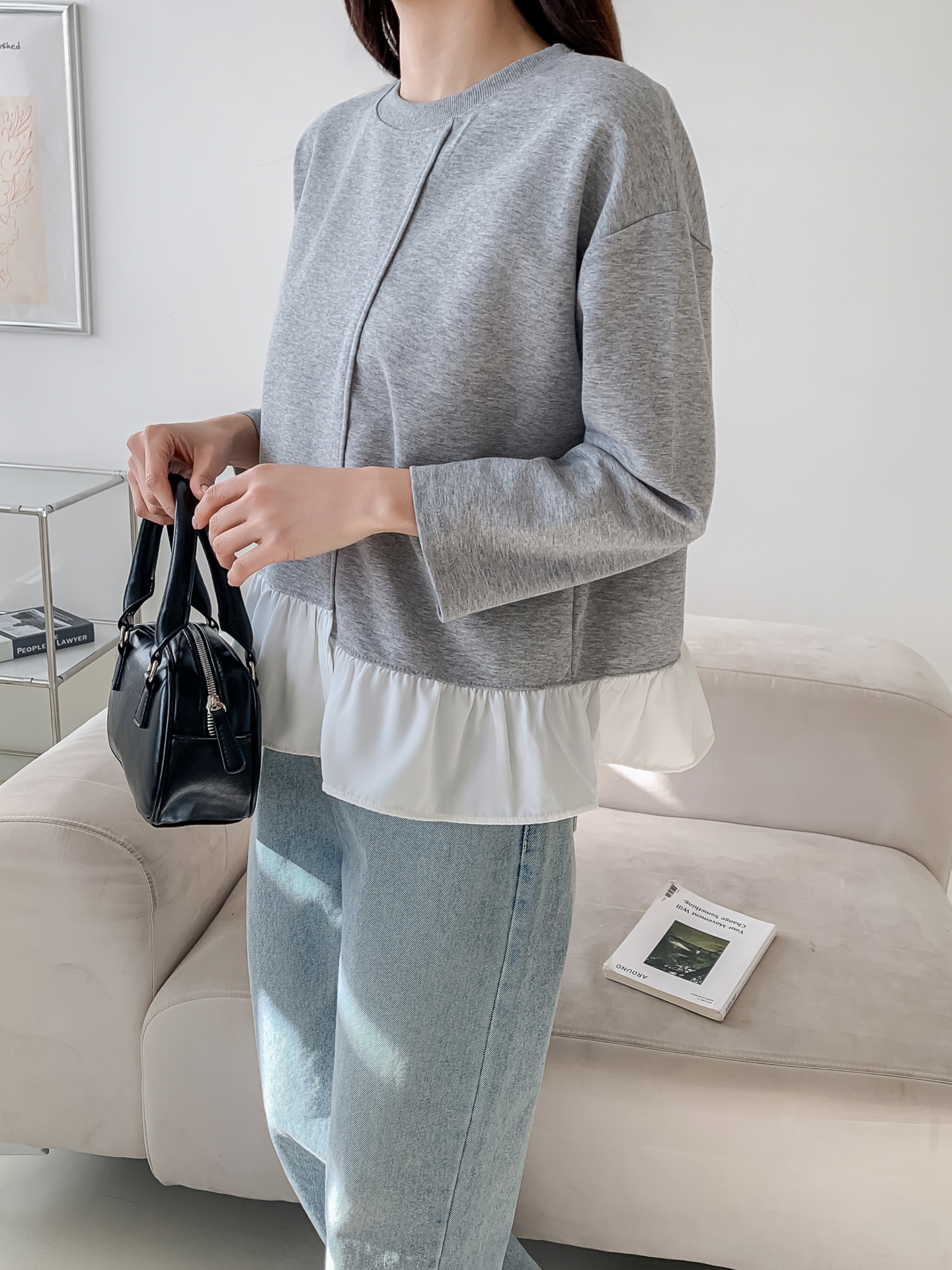 コンビラウンドネックラインレイヤード風ルーズアンバランス長袖ブラウス | 詳細画像17