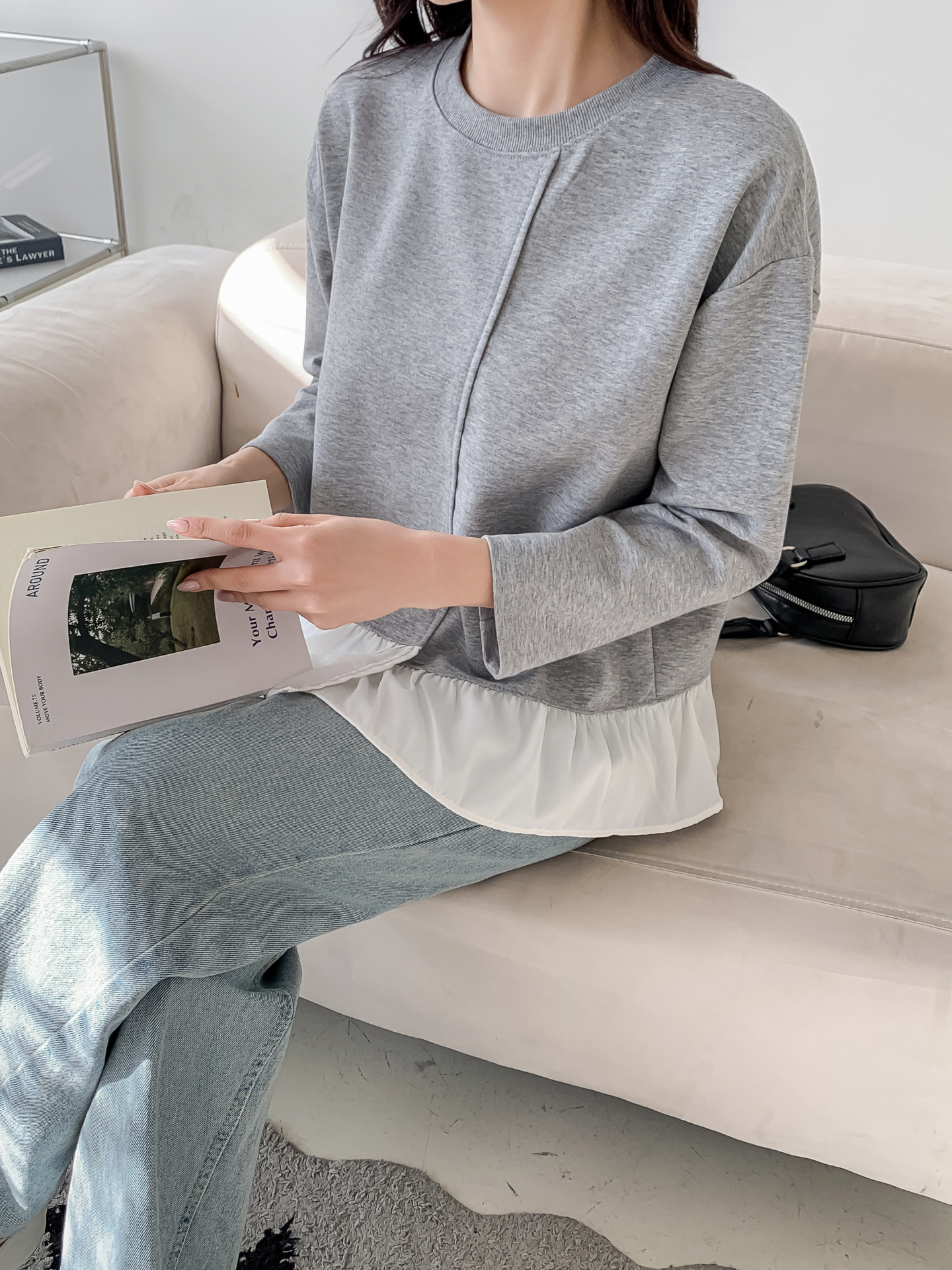 コンビラウンドネックラインレイヤード風ルーズアンバランス長袖ブラウス | 詳細画像22