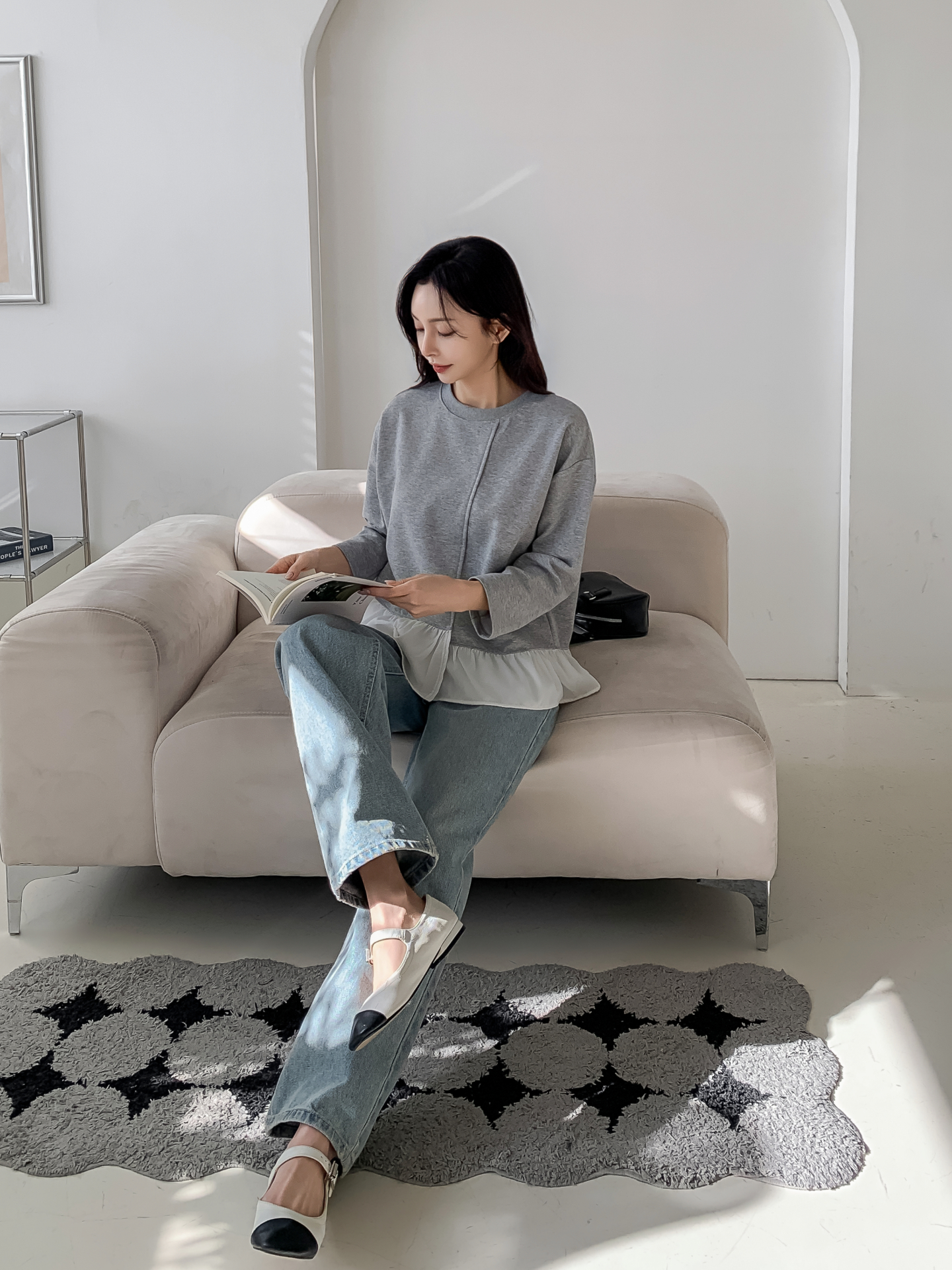 コンビラウンドネックラインレイヤード風ルーズアンバランス長袖ブラウス | 詳細画像24