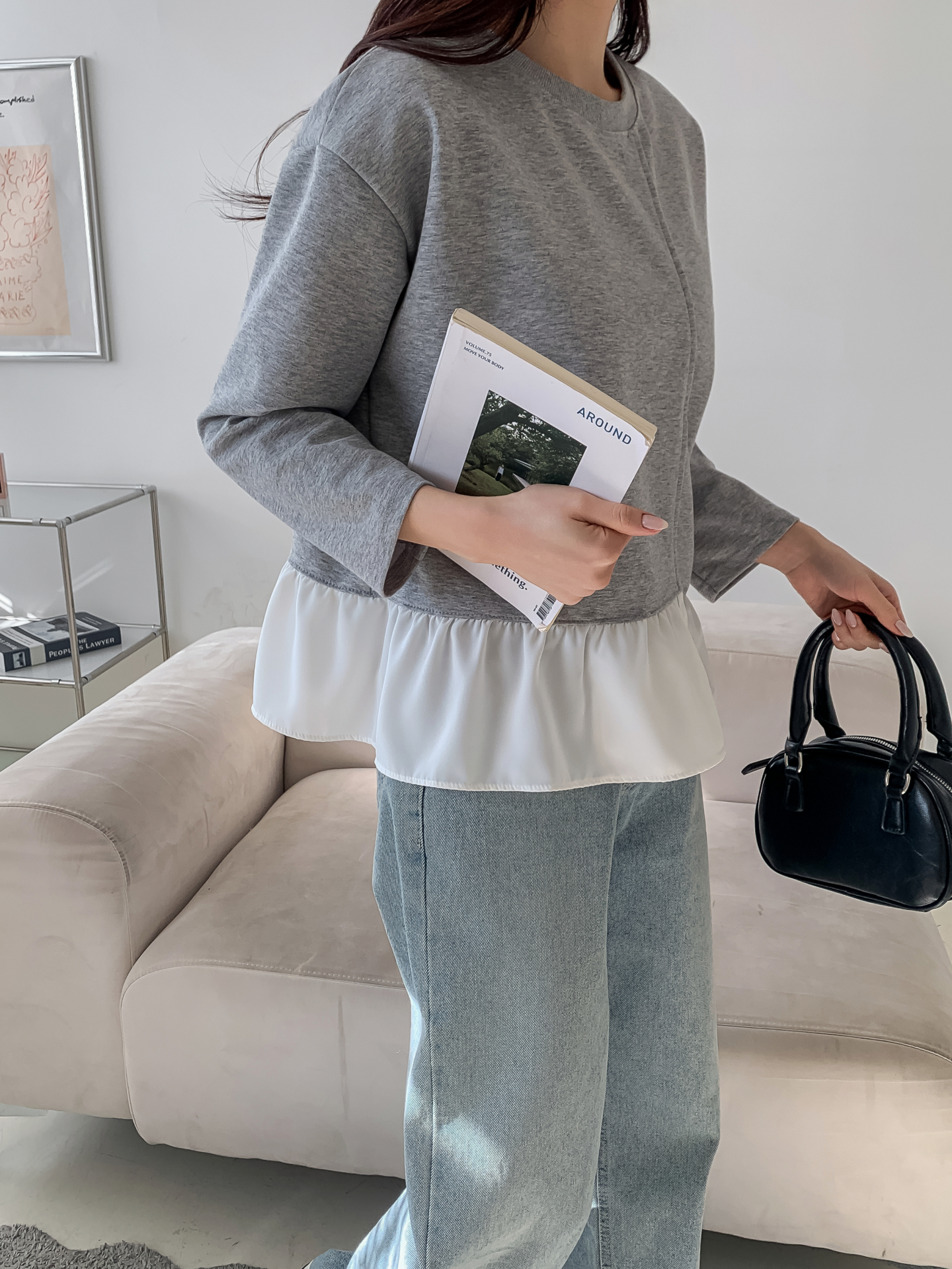 コンビラウンドネックラインレイヤード風ルーズアンバランス長袖ブラウス | 詳細画像25