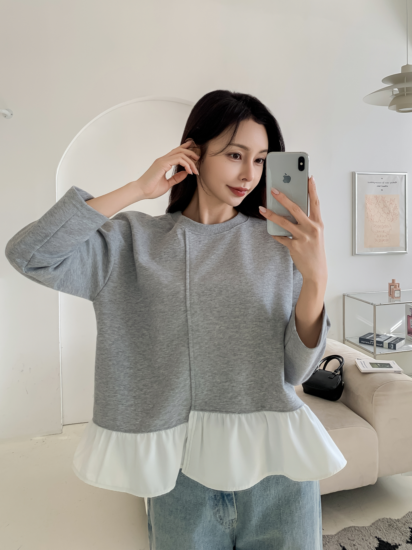 コンビラウンドネックラインレイヤード風ルーズアンバランス長袖ブラウス | 詳細画像28