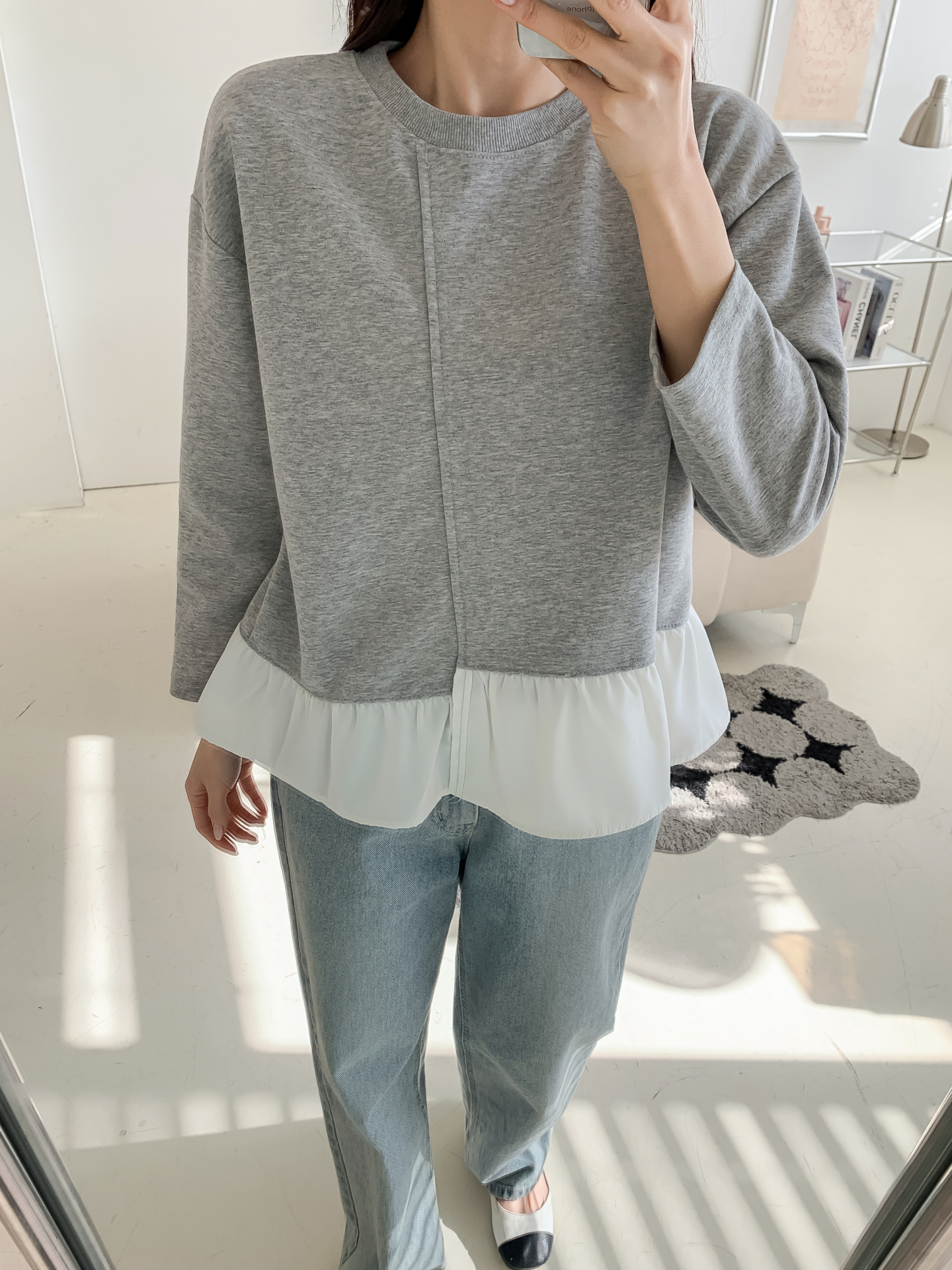 コンビラウンドネックラインレイヤード風ルーズアンバランス長袖ブラウス | 詳細画像29