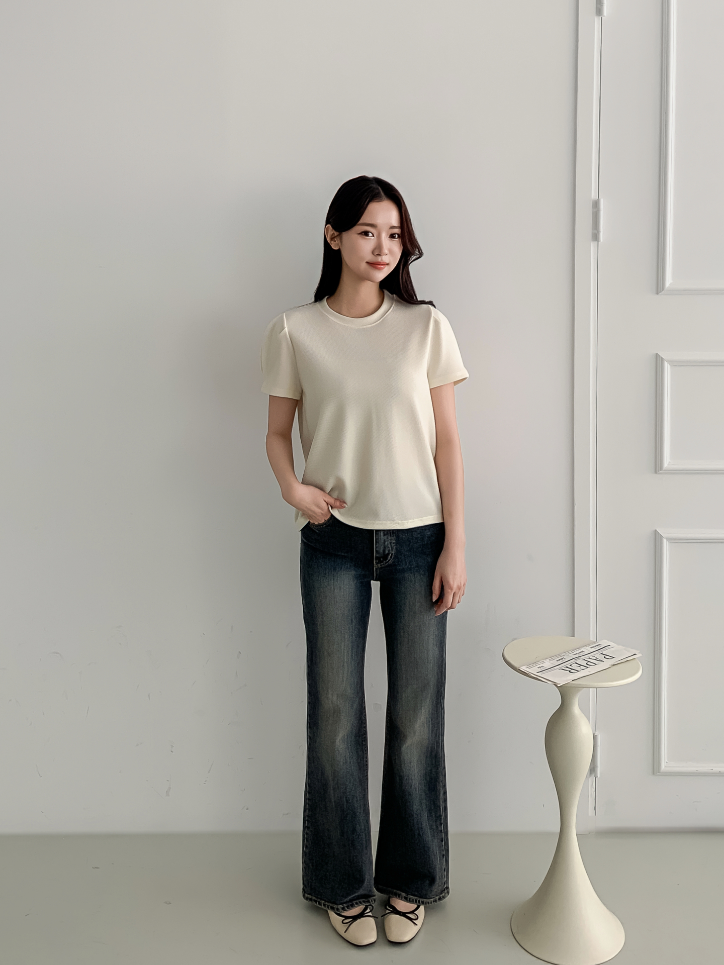 ラウンドネックベーシックパフスリーブ半袖無地ブラウス | 詳細画像2