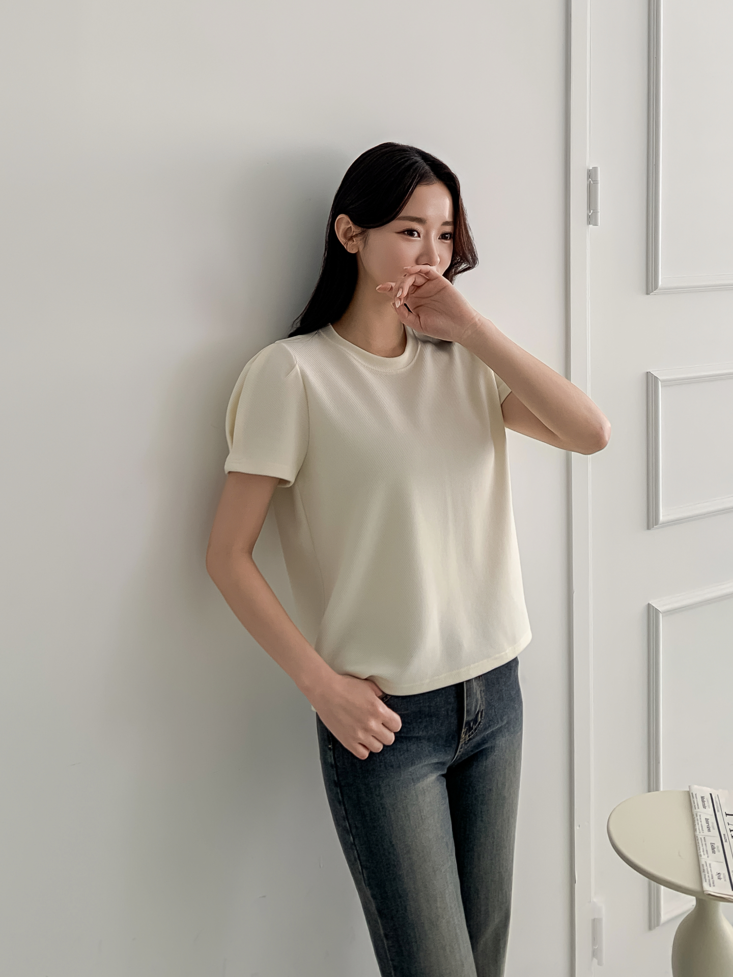 ラウンドネックベーシックパフスリーブ半袖無地ブラウス | 詳細画像3