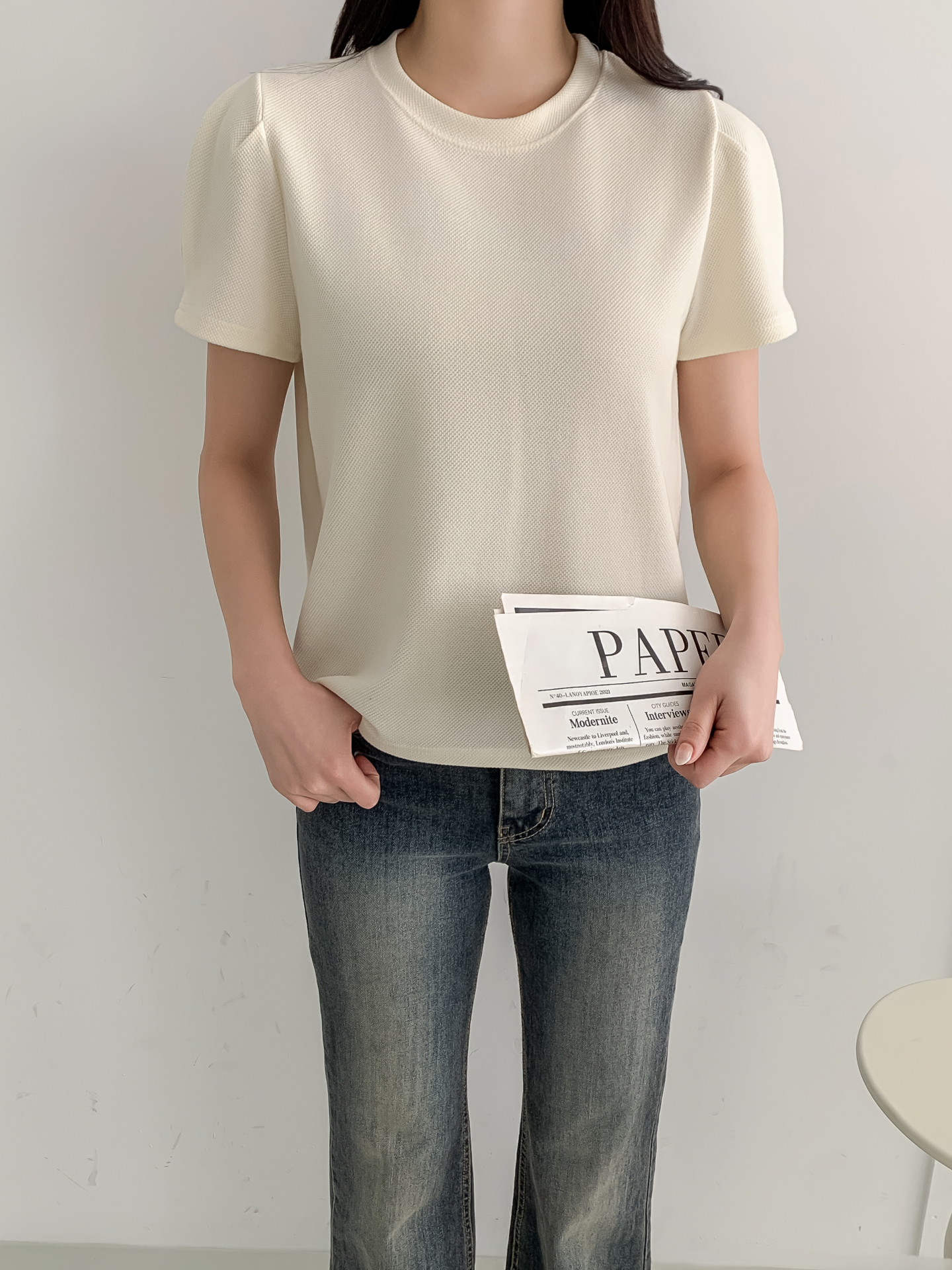 ラウンドネックベーシックパフスリーブ半袖無地ブラウス | 詳細画像4