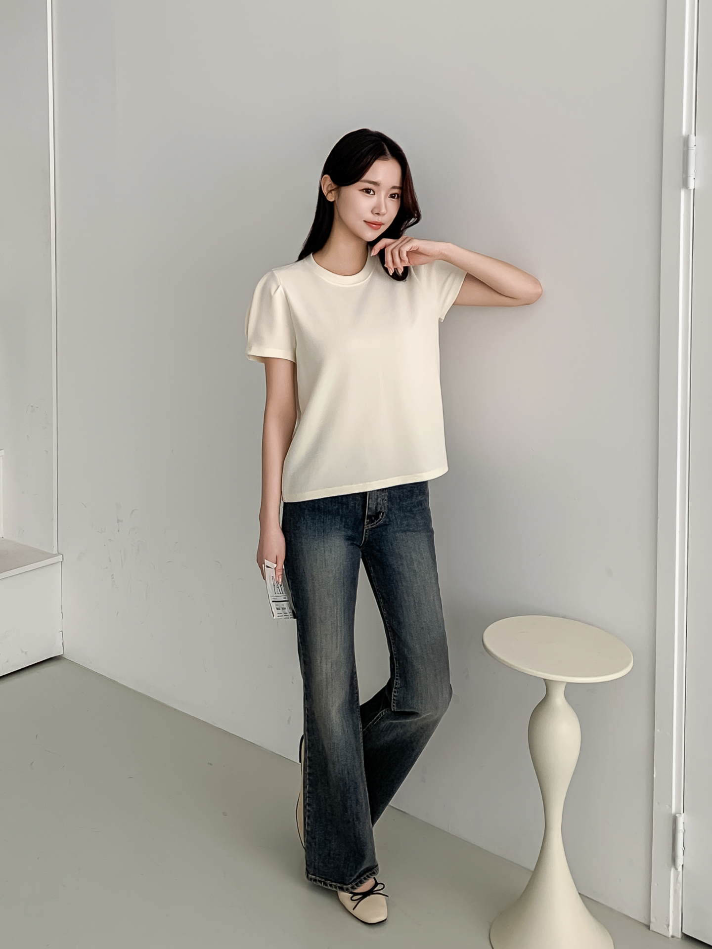 ラウンドネックベーシックパフスリーブ半袖無地ブラウス | 詳細画像6