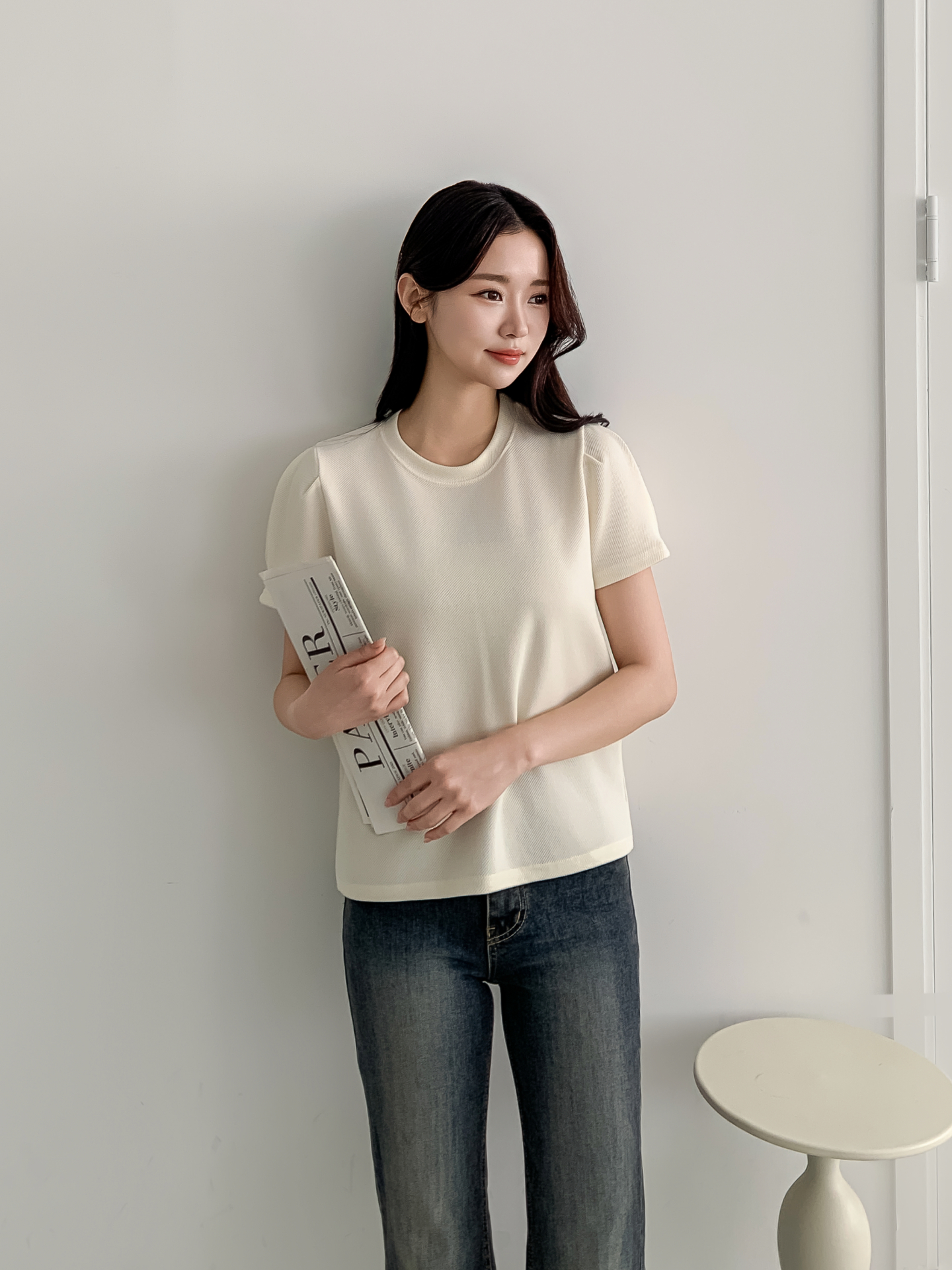 ラウンドネックベーシックパフスリーブ半袖無地ブラウス | 詳細画像8