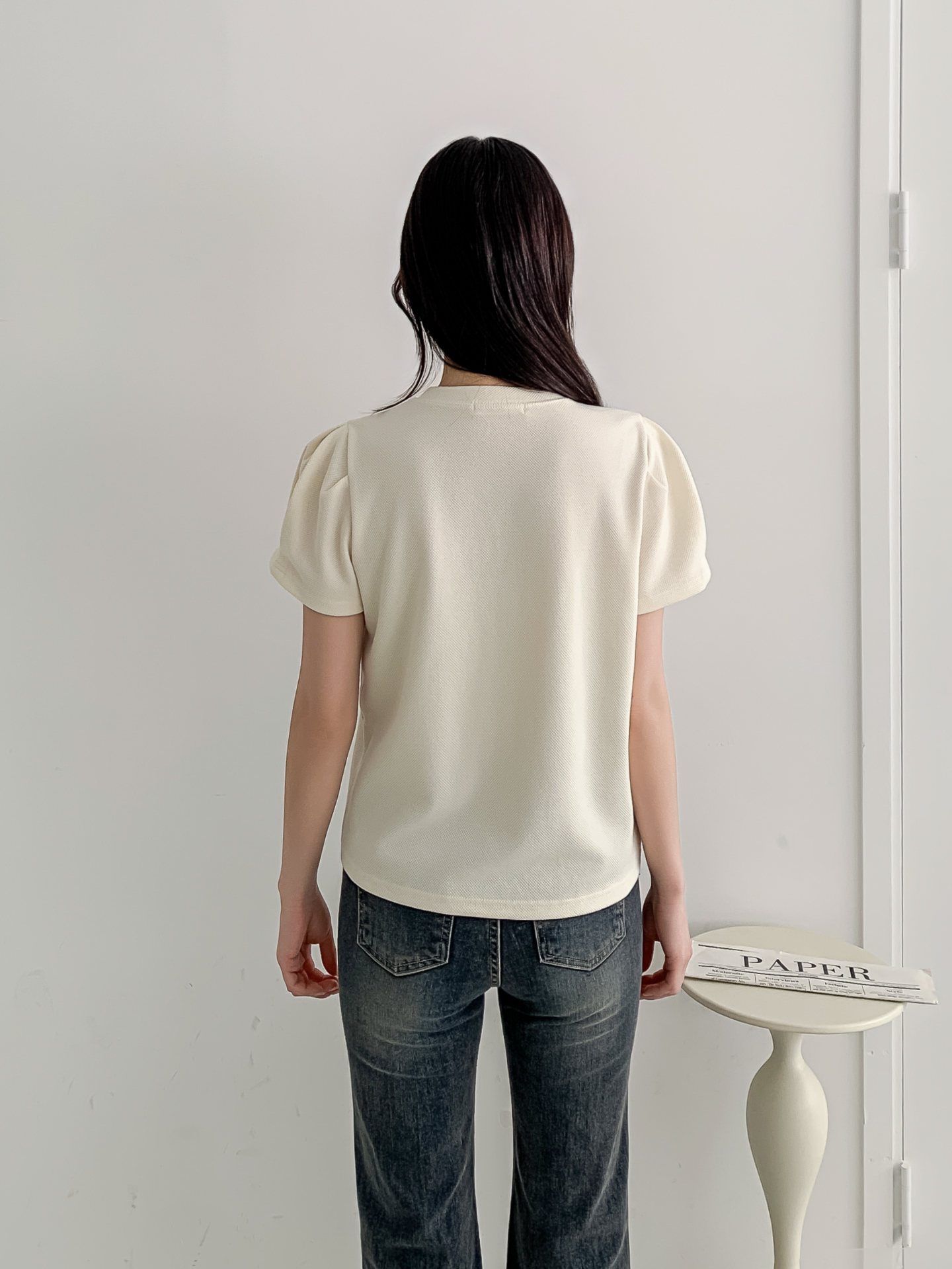 ラウンドネックベーシックパフスリーブ半袖無地ブラウス | 詳細画像9