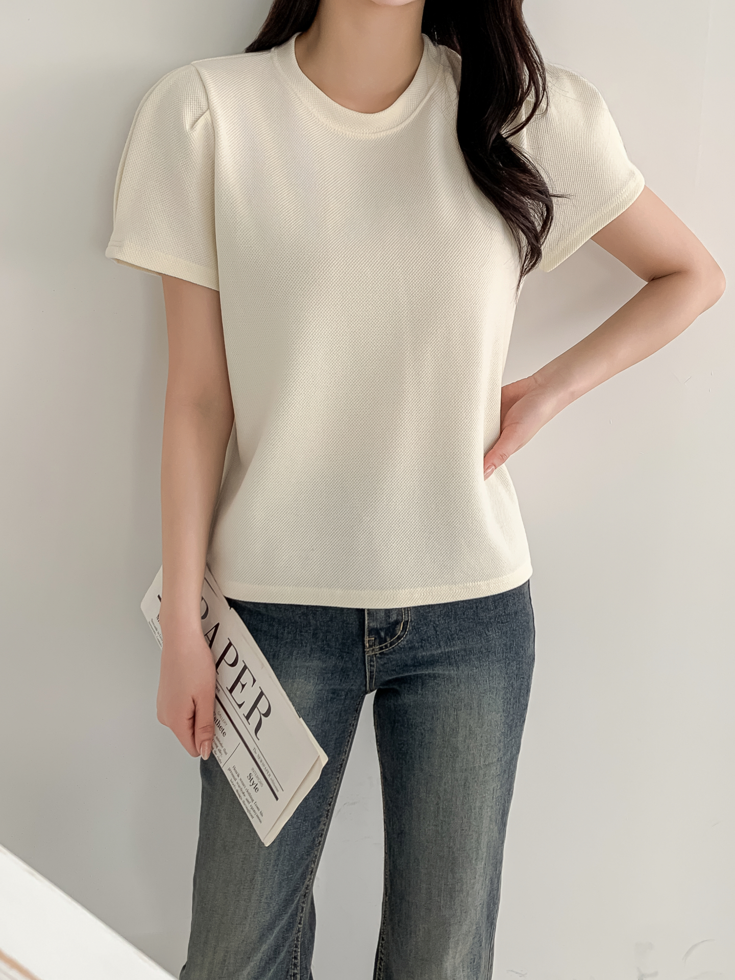 ラウンドネックベーシックパフスリーブ半袖無地ブラウス | 詳細画像12