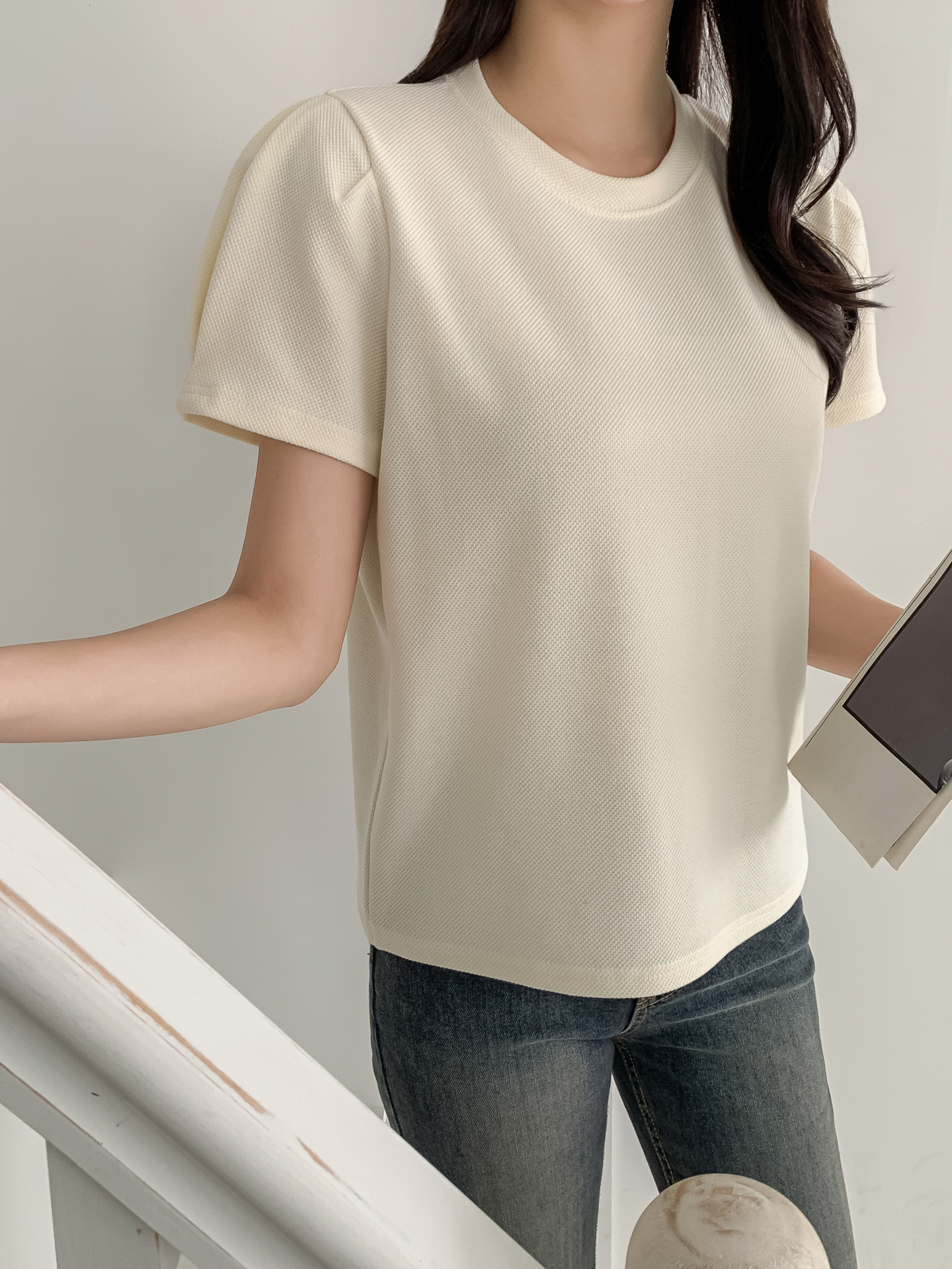 ラウンドネックベーシックパフスリーブ半袖無地ブラウス | 詳細画像13