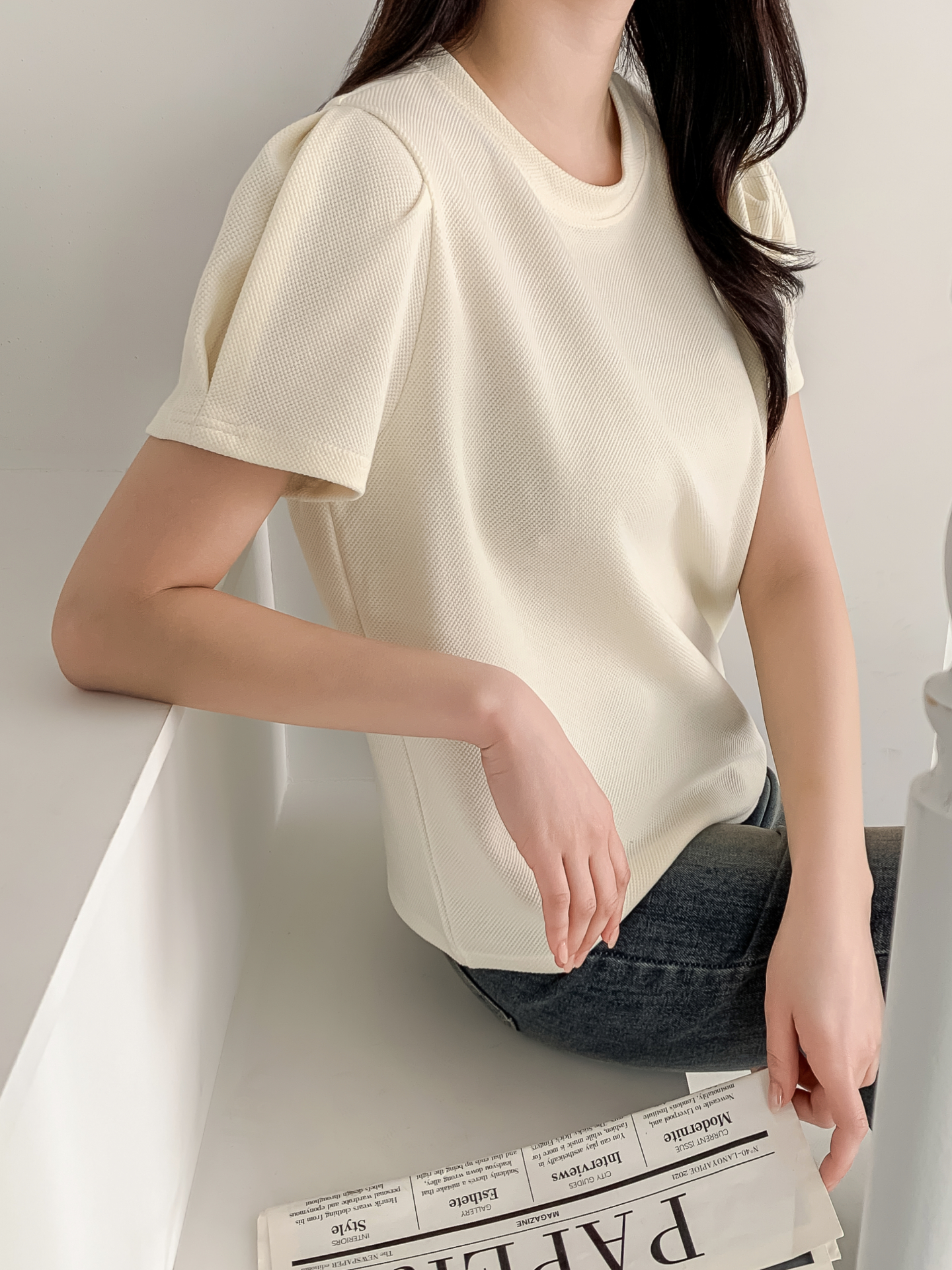 ラウンドネックベーシックパフスリーブ半袖無地ブラウス | 詳細画像14