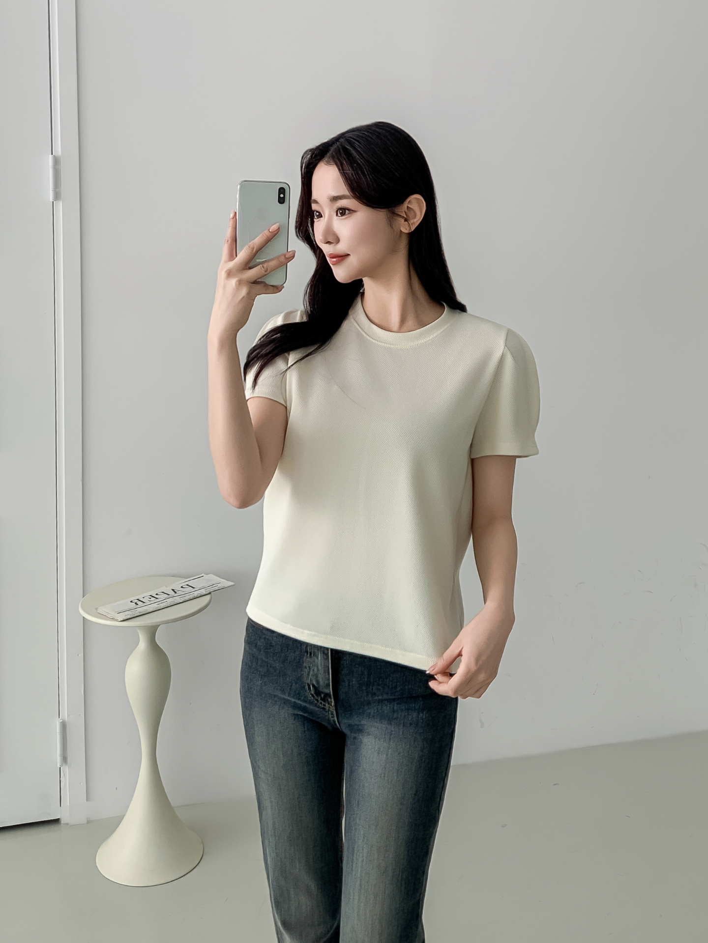 ラウンドネックベーシックパフスリーブ半袖無地ブラウス | 詳細画像15